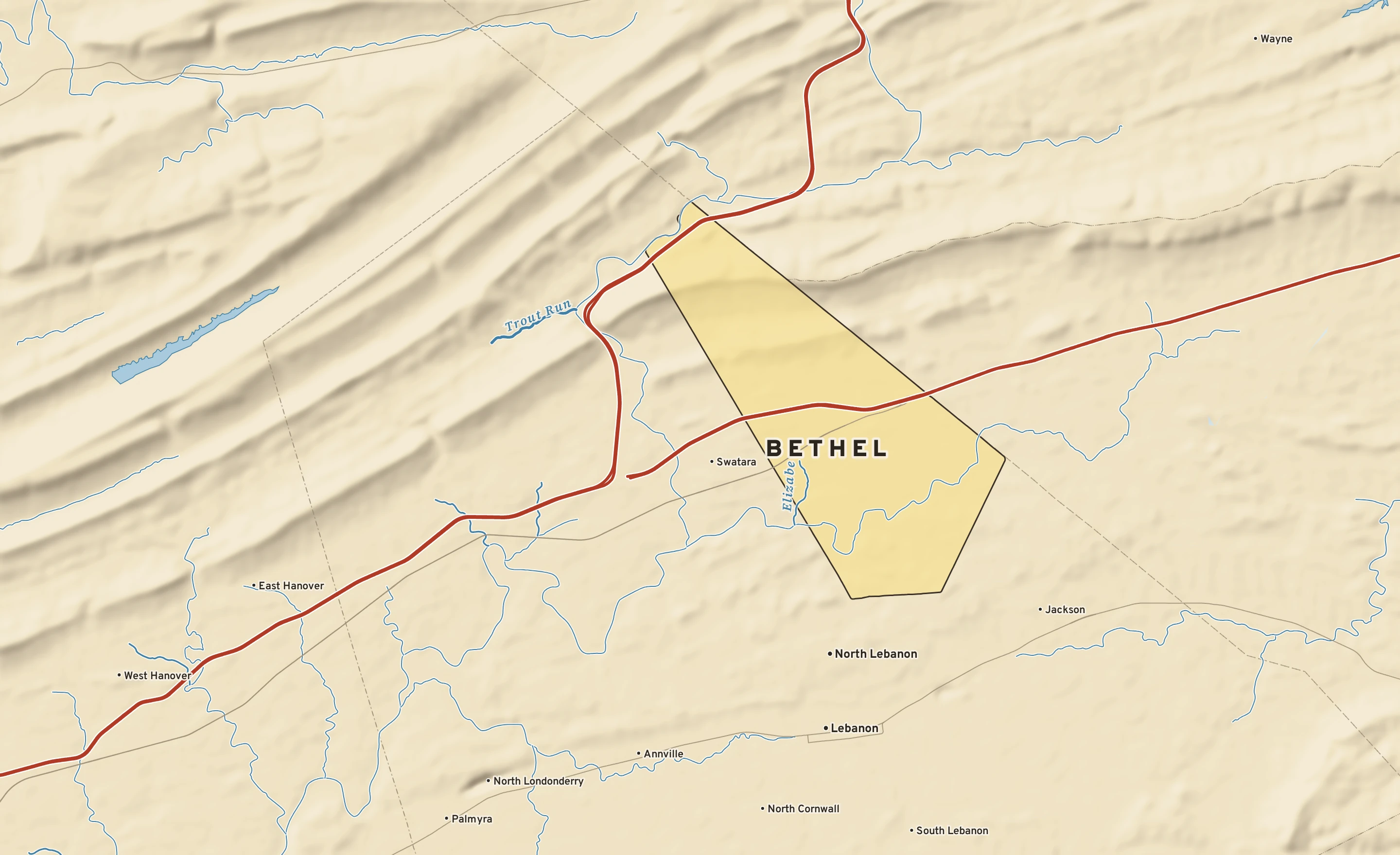 Shaded-relief atlas plate of Bethel, Pennsylvania: rivers, roads, the city limits and where the water drains.