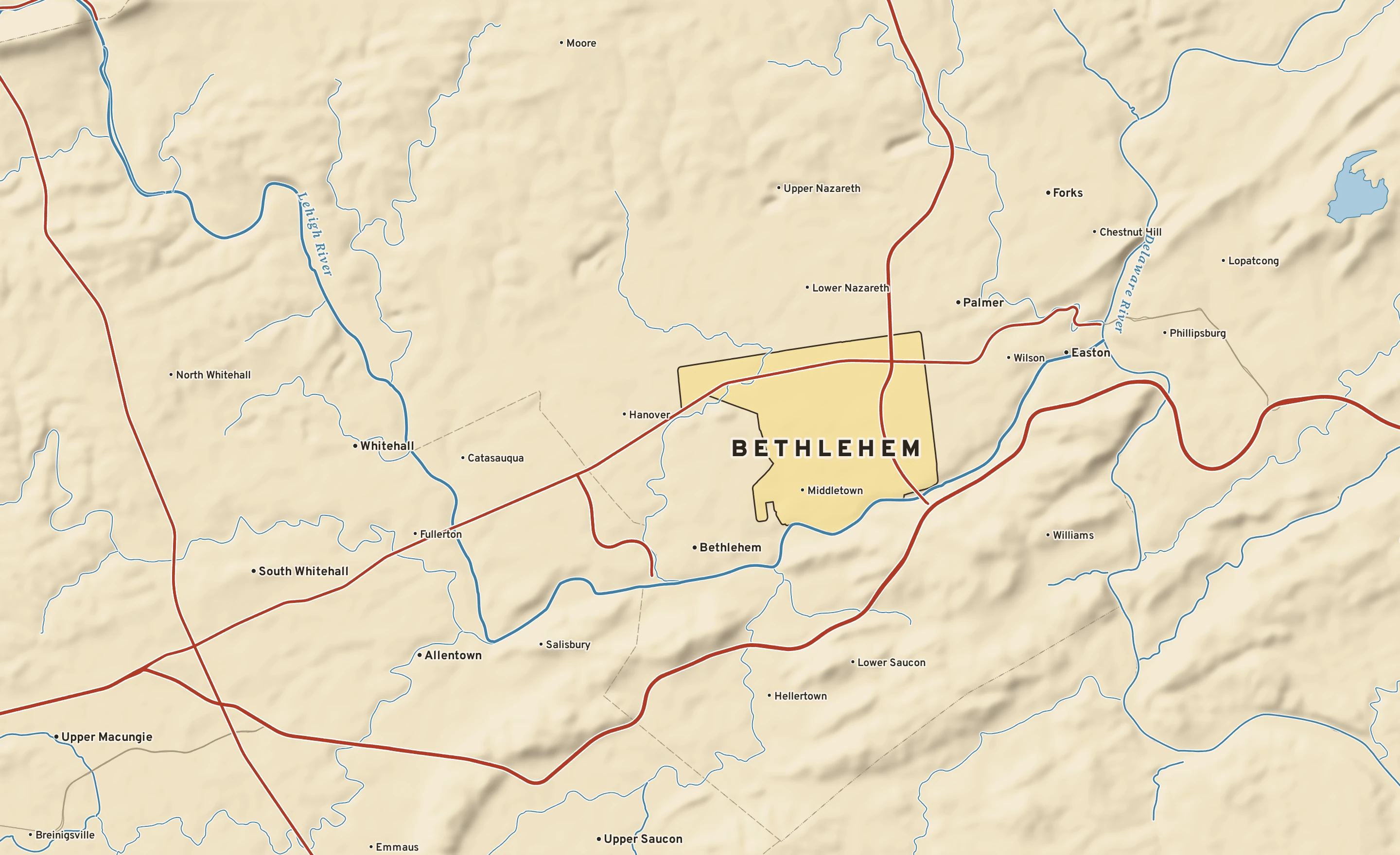 Shaded-relief atlas plate of Bethlehem, Pennsylvania: rivers, roads, the city limits and where the water drains.