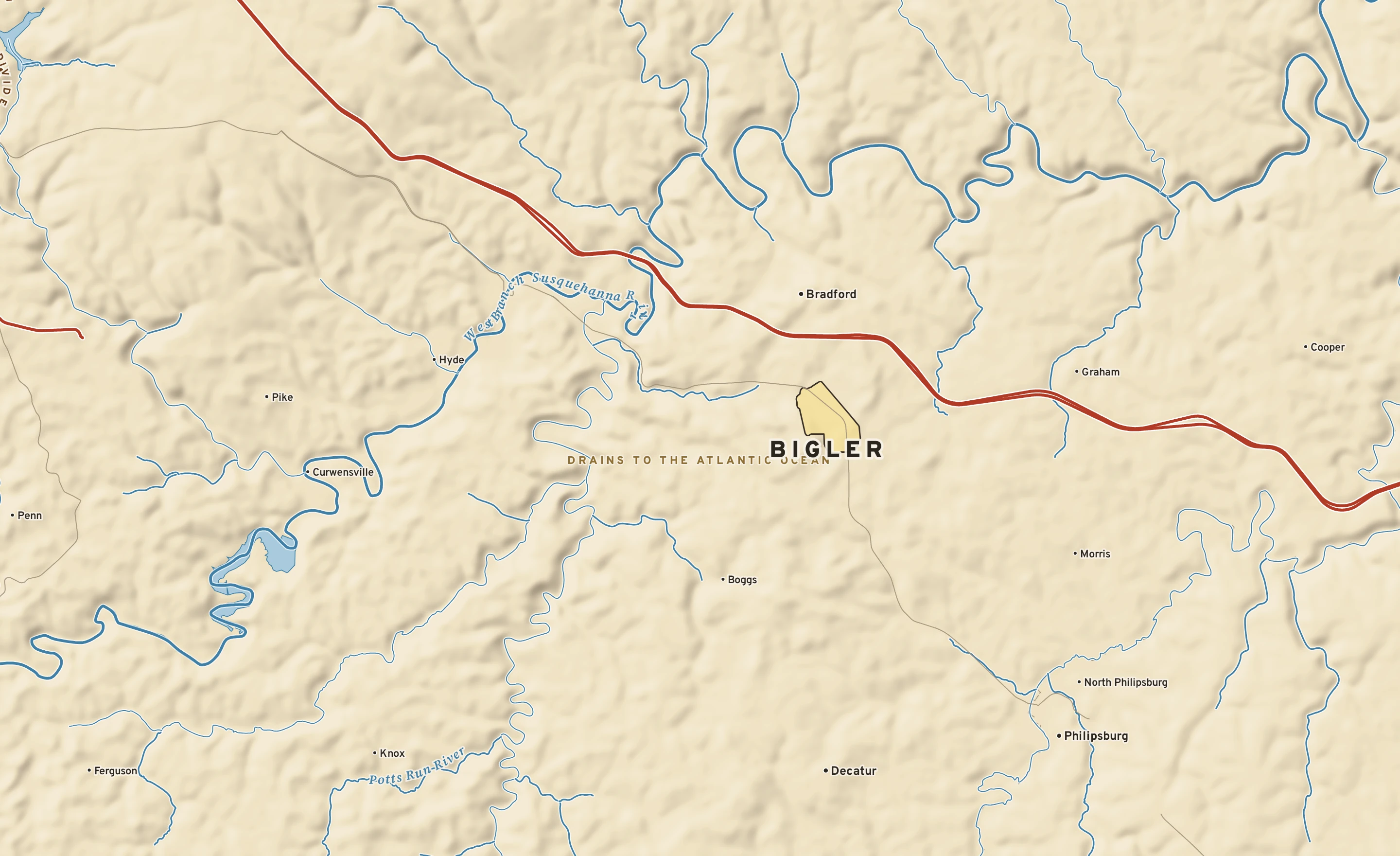 Shaded-relief atlas plate of Bigler, Pennsylvania: rivers, roads, the city limits and where the water drains.