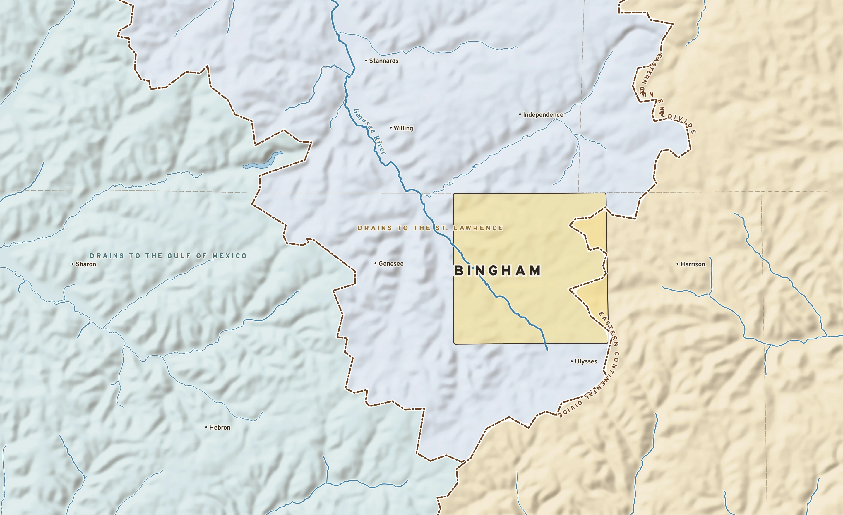 Shaded-relief atlas plate of Bingham, Pennsylvania: rivers, roads, the city limits and where the water drains.