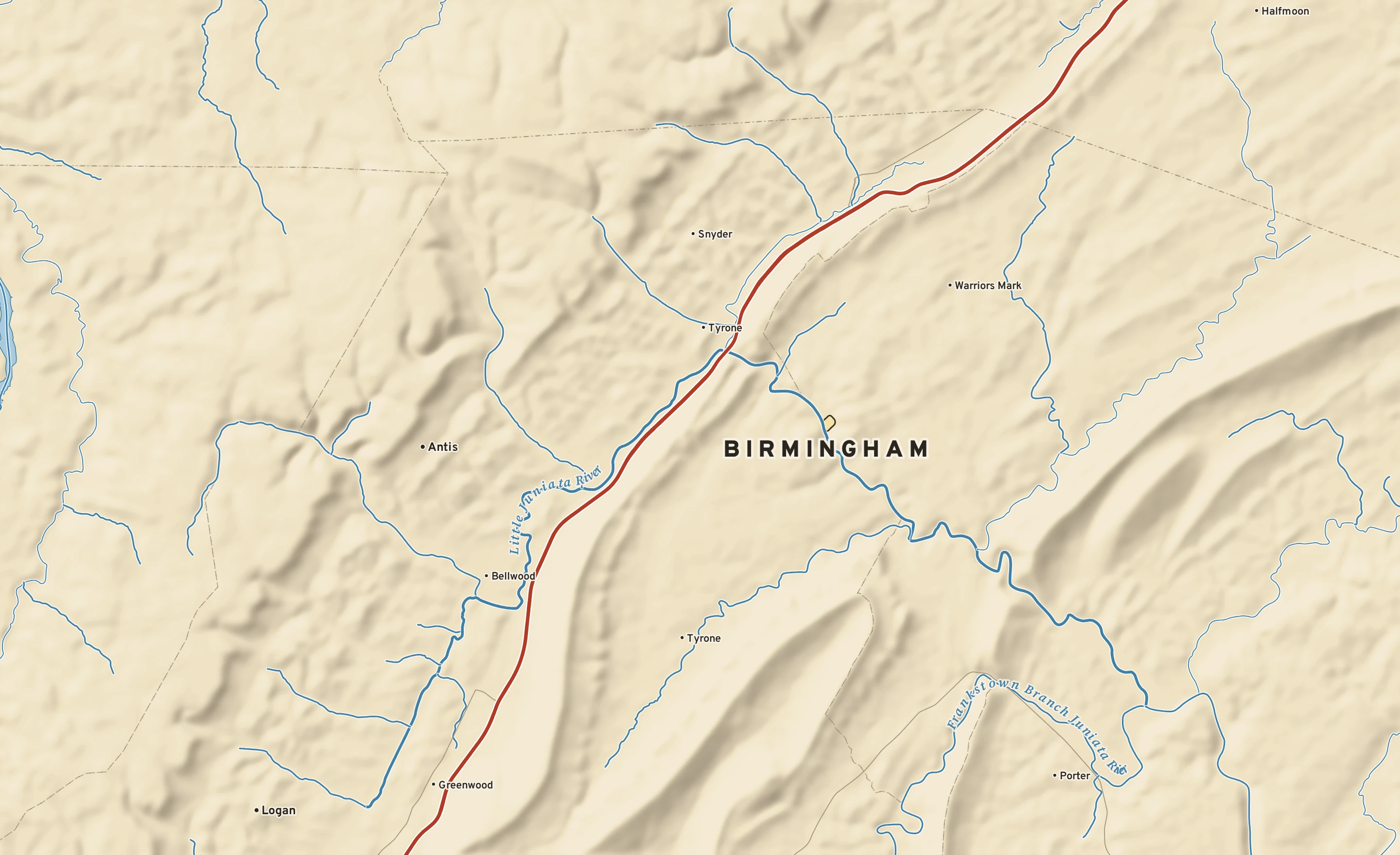 Shaded-relief atlas plate of Birmingham, Pennsylvania: rivers, roads, the city limits and where the water drains.