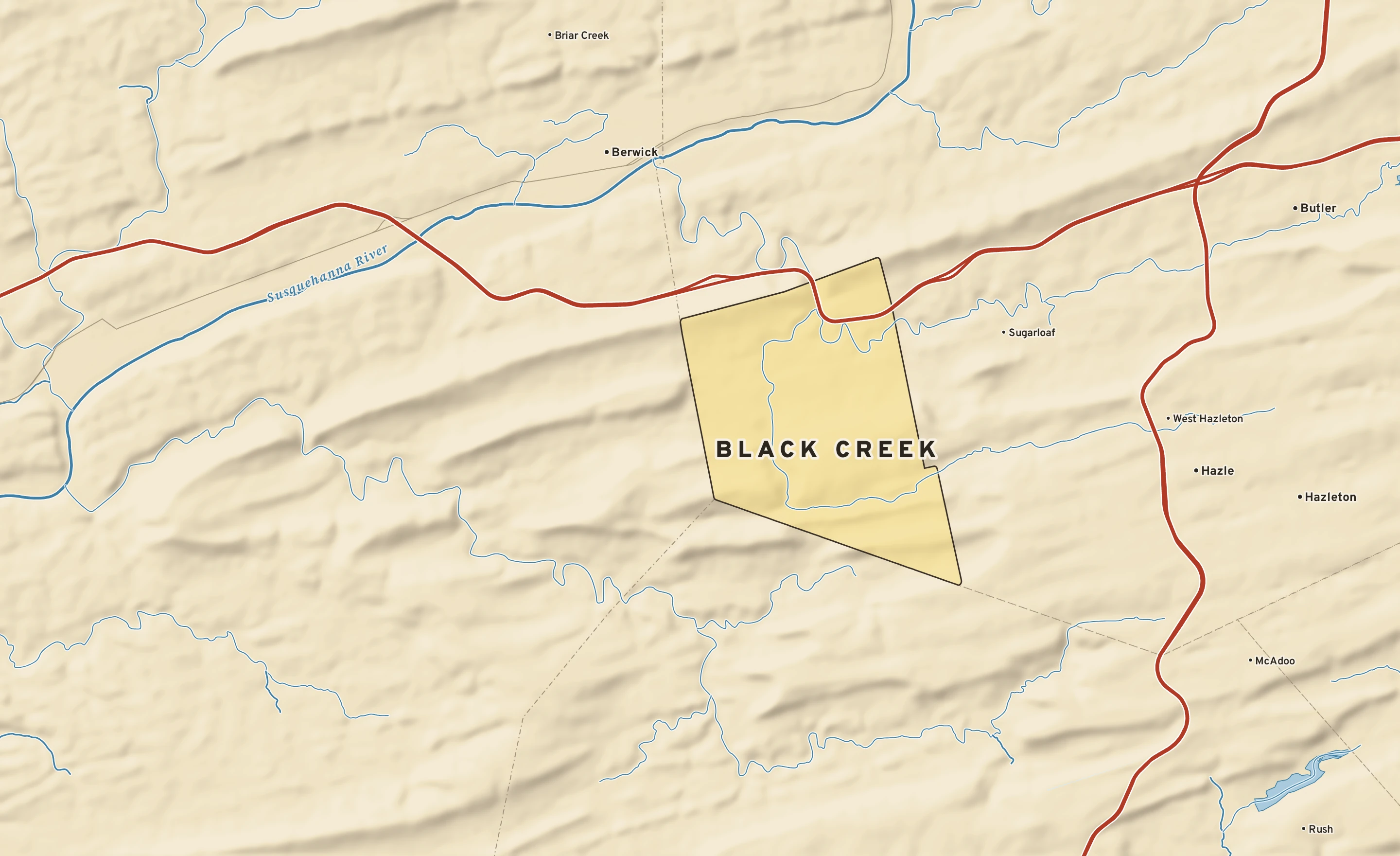 Shaded-relief atlas plate of Black Creek, Pennsylvania: rivers, roads, the city limits and where the water drains.