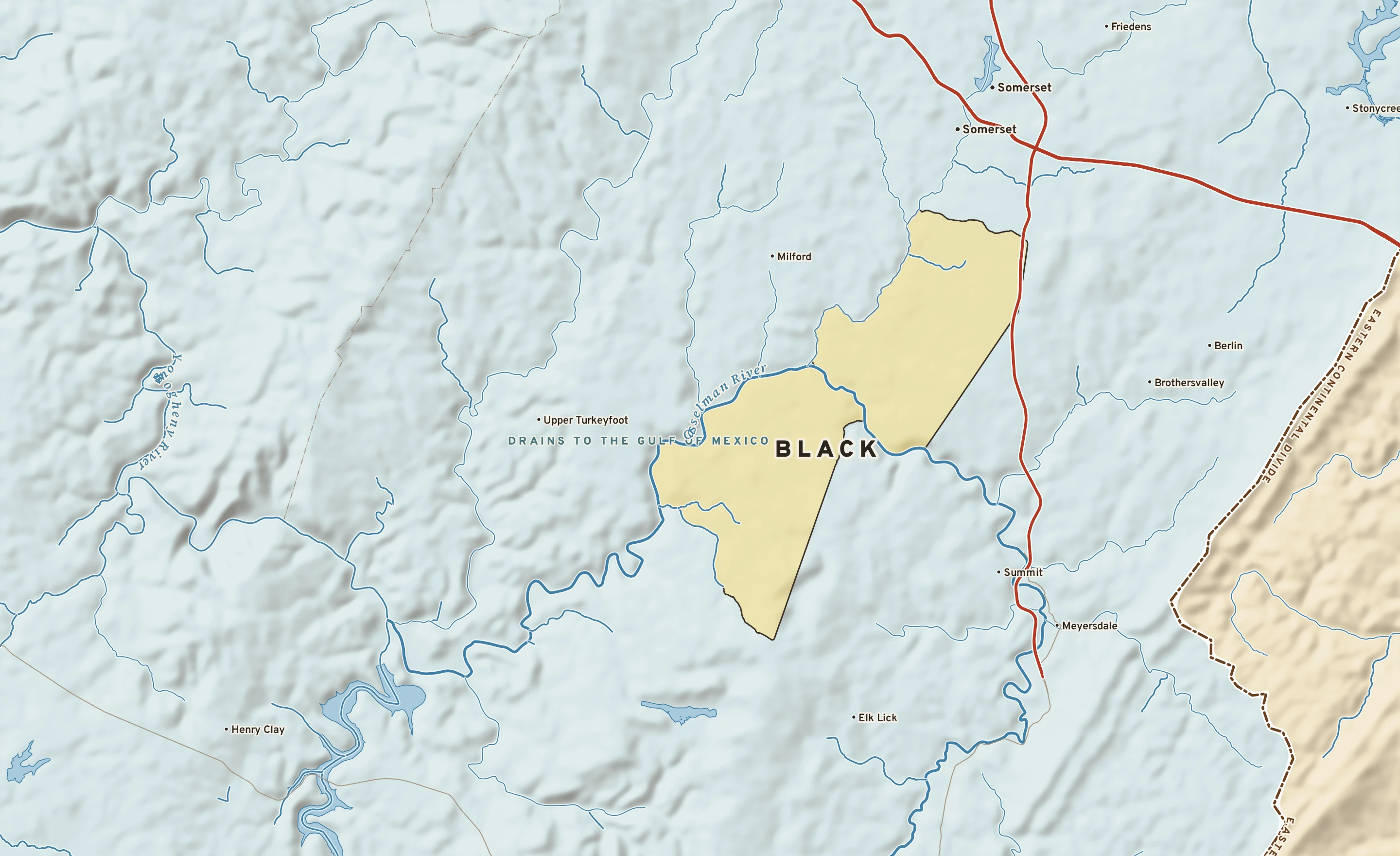 Shaded-relief atlas plate of Black, Pennsylvania: rivers, roads, the city limits and where the water drains.