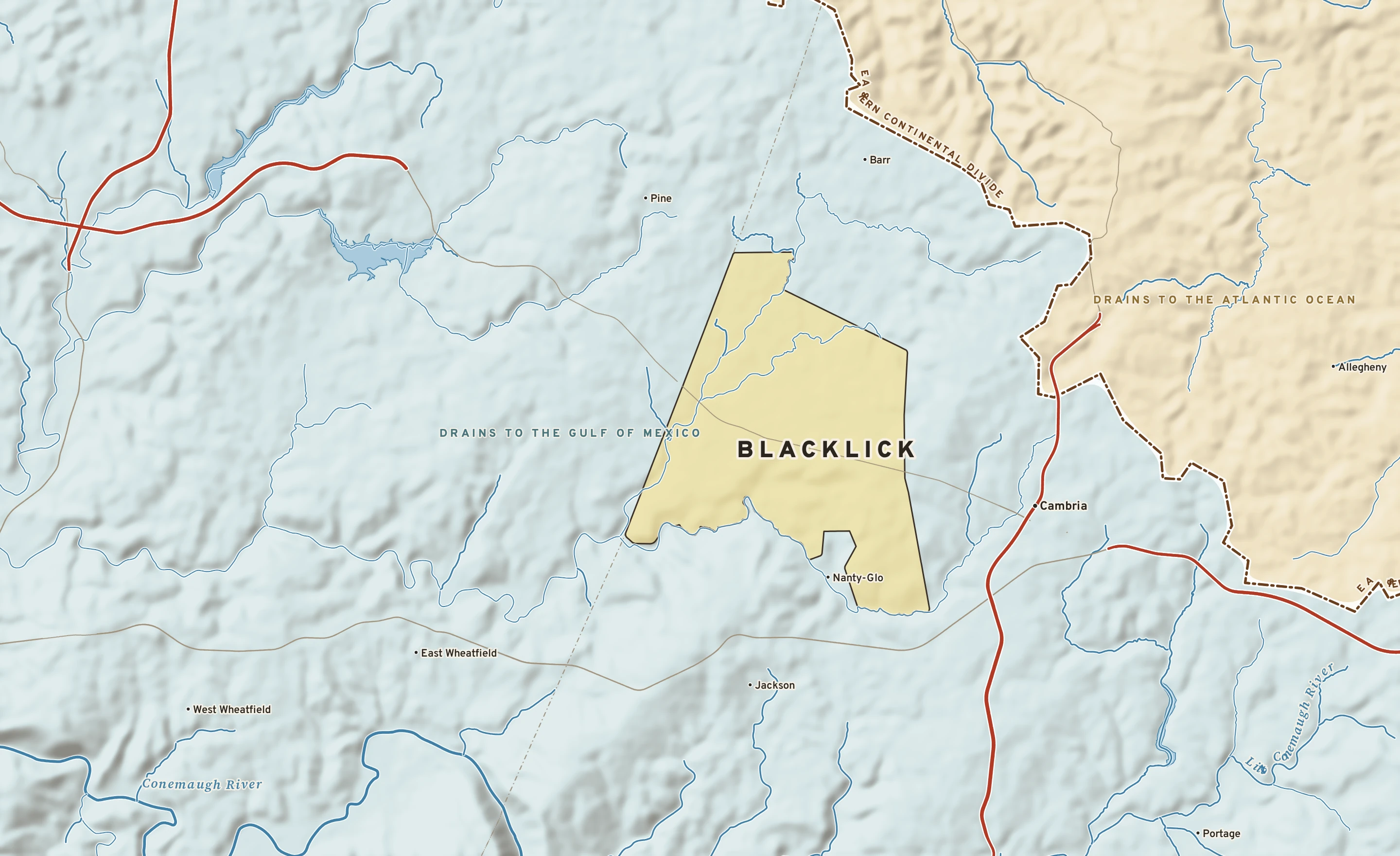 Shaded-relief atlas plate of Blacklick, Pennsylvania: rivers, roads, the city limits and where the water drains.