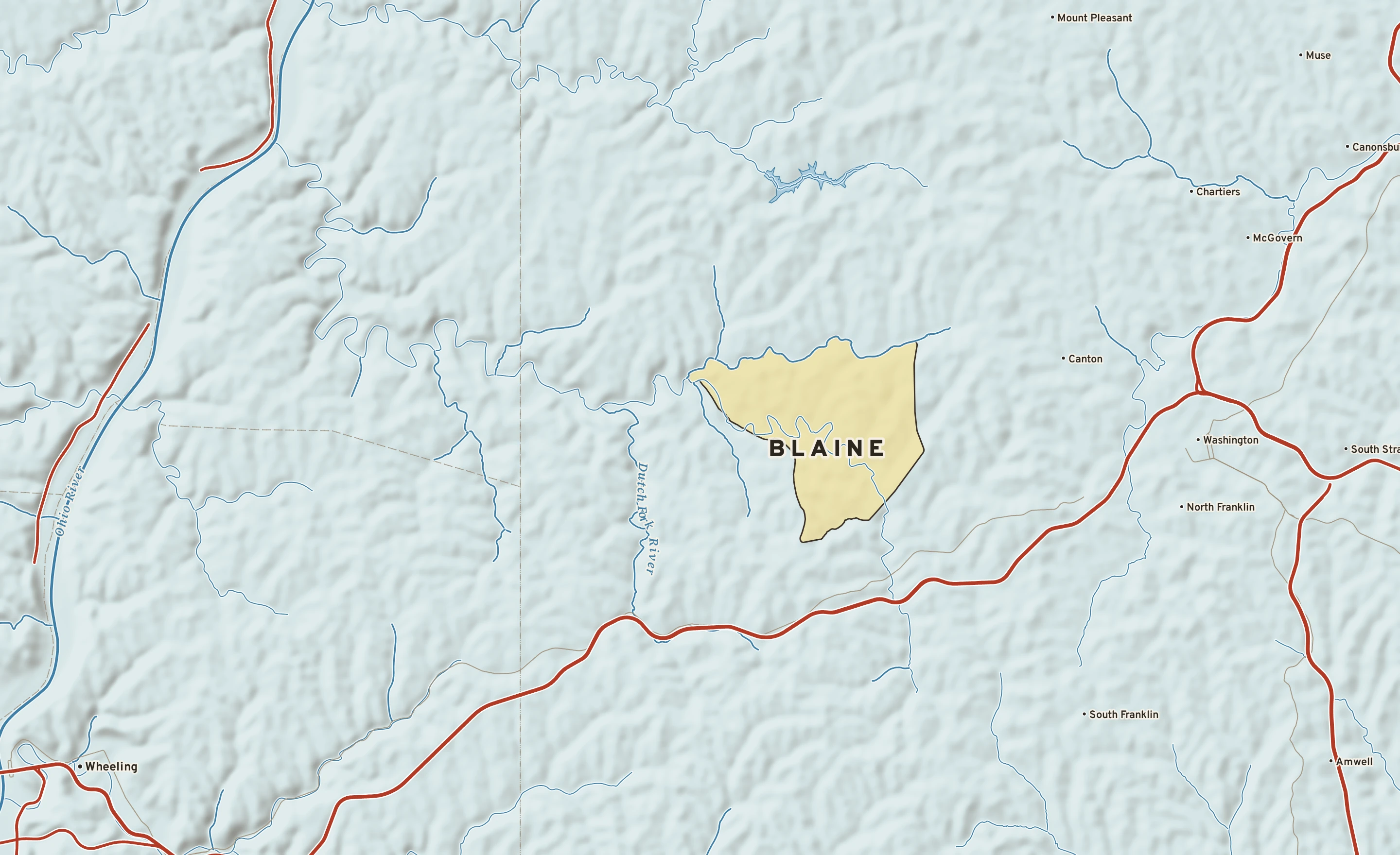 Shaded-relief atlas plate of Blaine, Pennsylvania: rivers, roads, the city limits and where the water drains.
