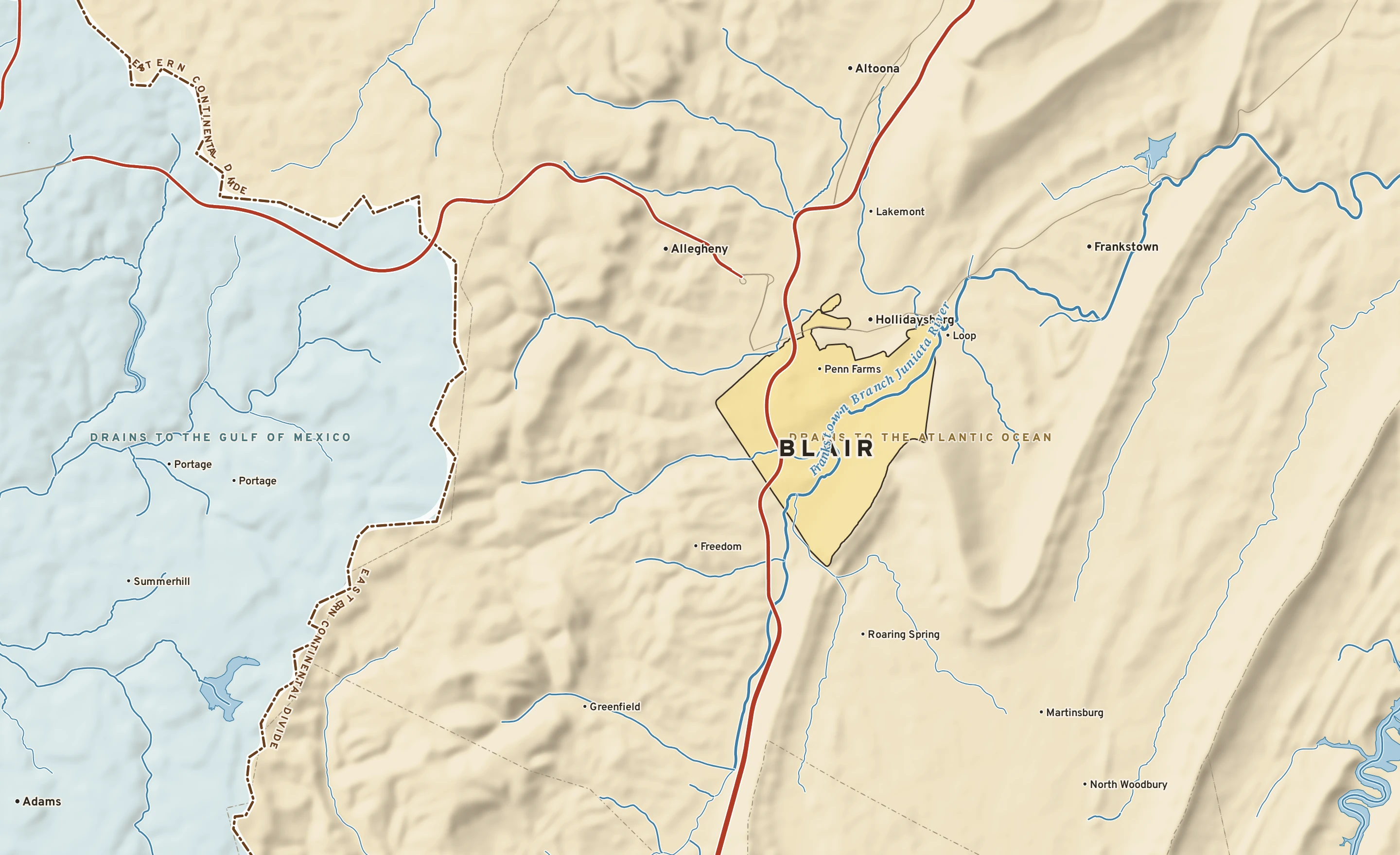 Shaded-relief atlas plate of Blair, Pennsylvania: rivers, roads, the city limits and where the water drains.