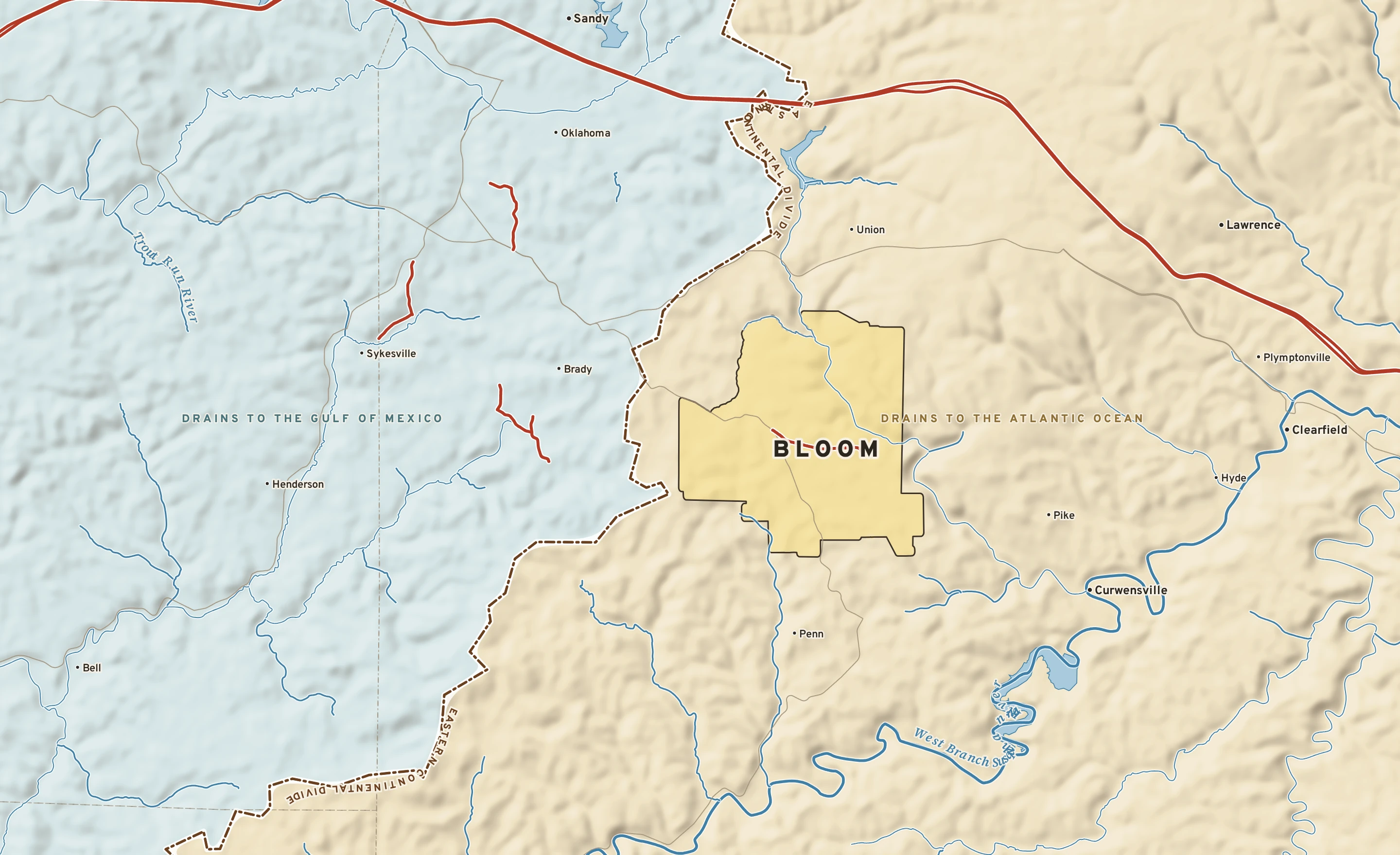 Shaded-relief atlas plate of Bloom, Pennsylvania: rivers, roads, the city limits and where the water drains.