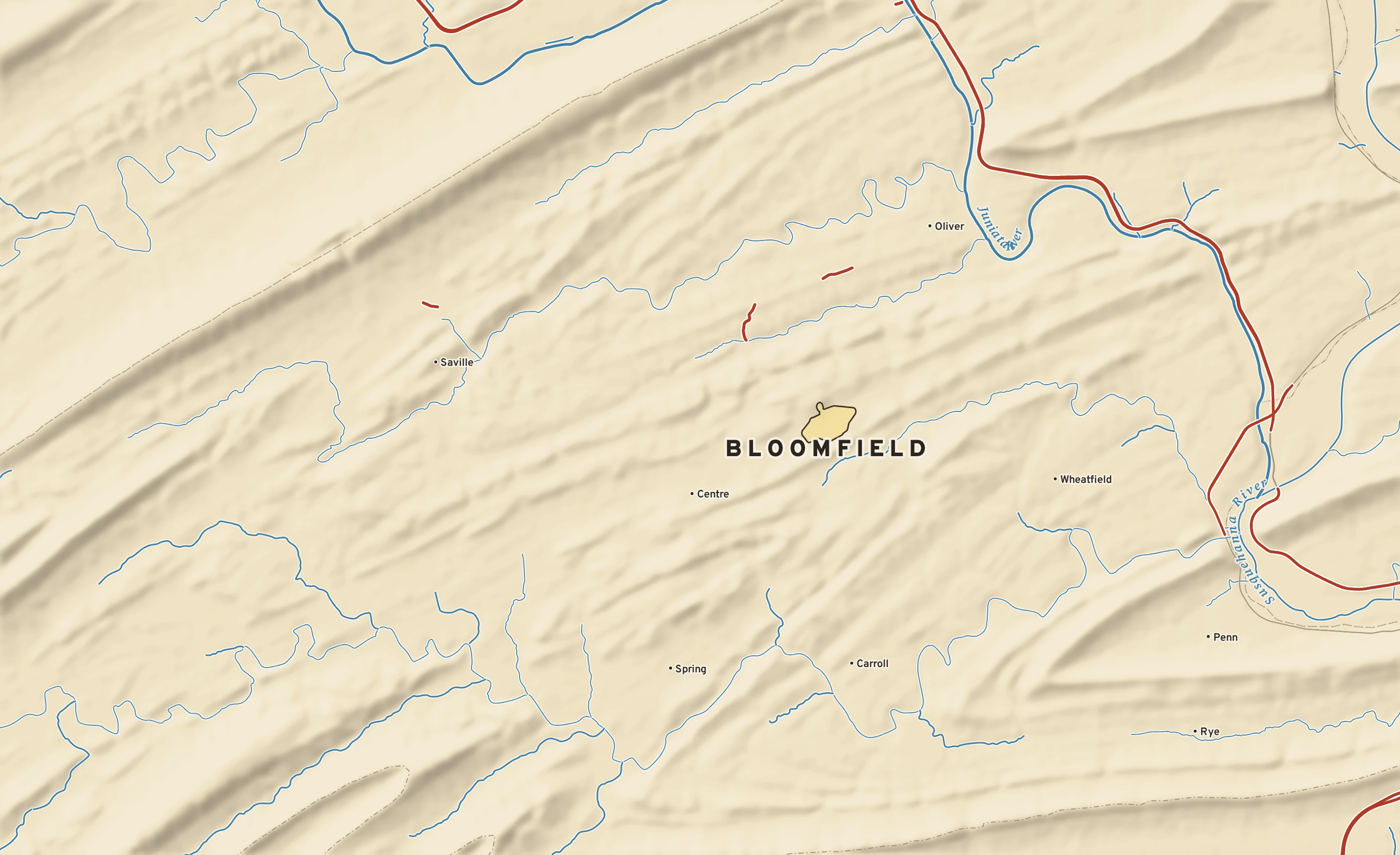 Shaded-relief atlas plate of Bloomfield, Pennsylvania: rivers, roads, the city limits and where the water drains.
