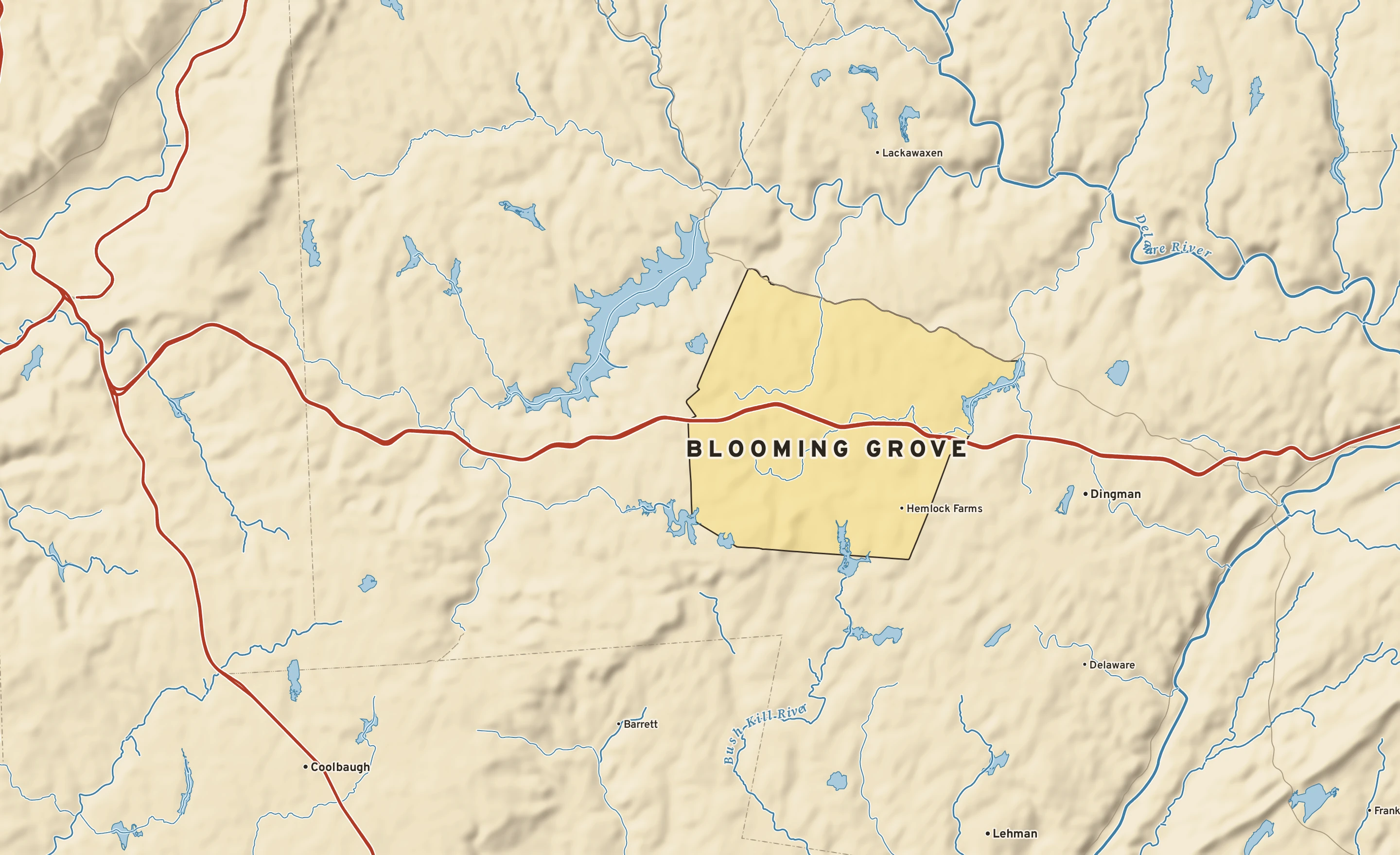 Shaded-relief atlas plate of Blooming Grove, Pennsylvania: rivers, roads, the city limits and where the water drains.