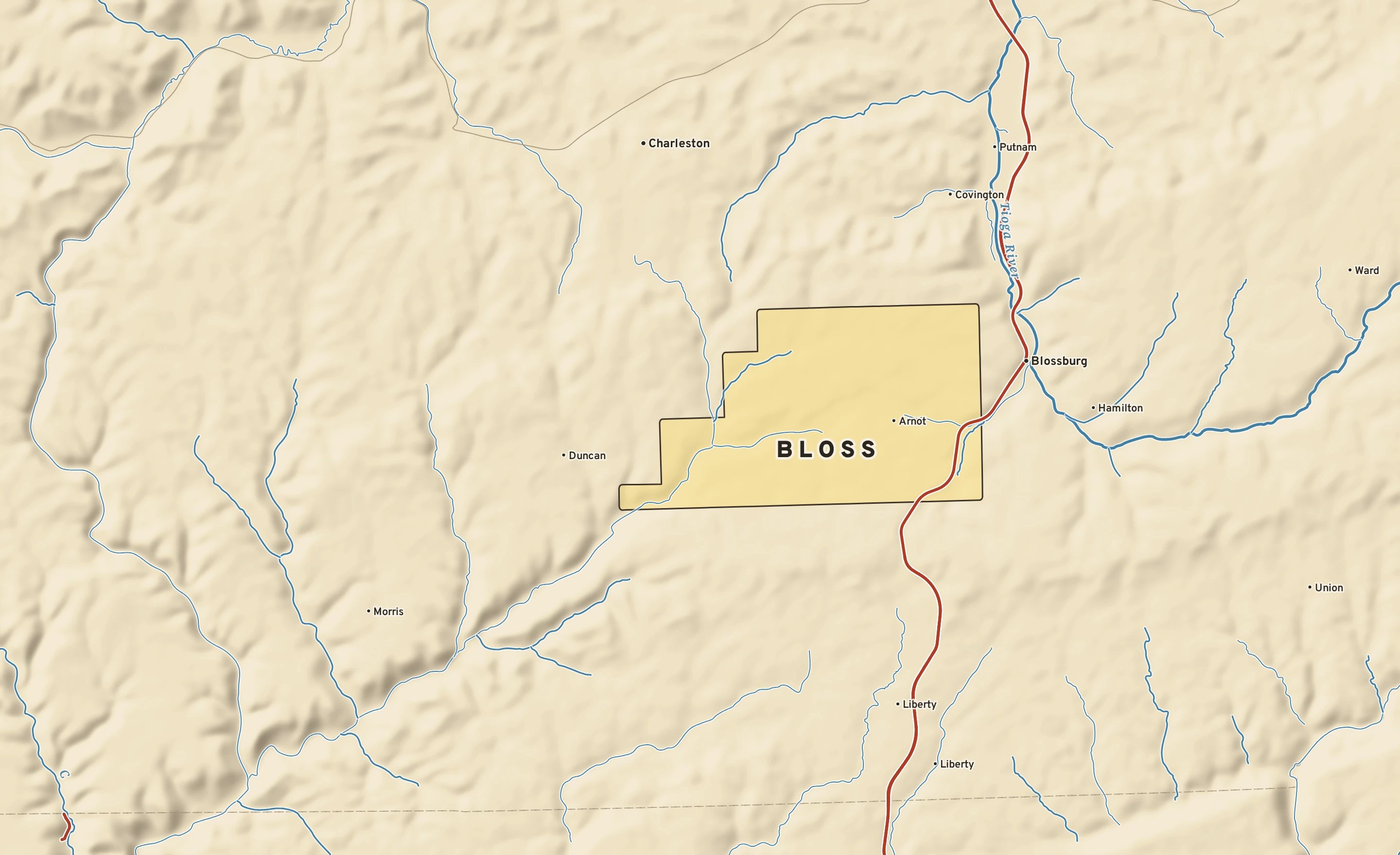 Shaded-relief atlas plate of Bloss, Pennsylvania: rivers, roads, the city limits and where the water drains.