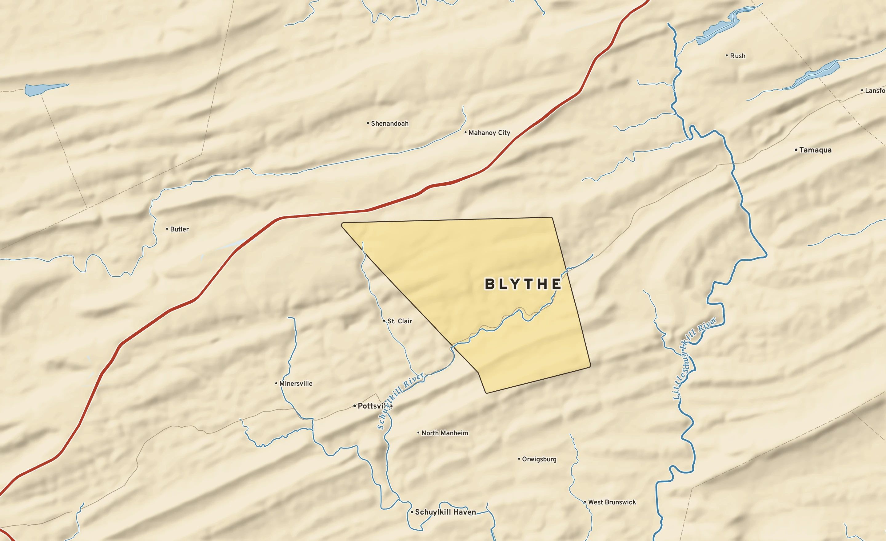Shaded-relief atlas plate of Blythe, Pennsylvania: rivers, roads, the city limits and where the water drains.