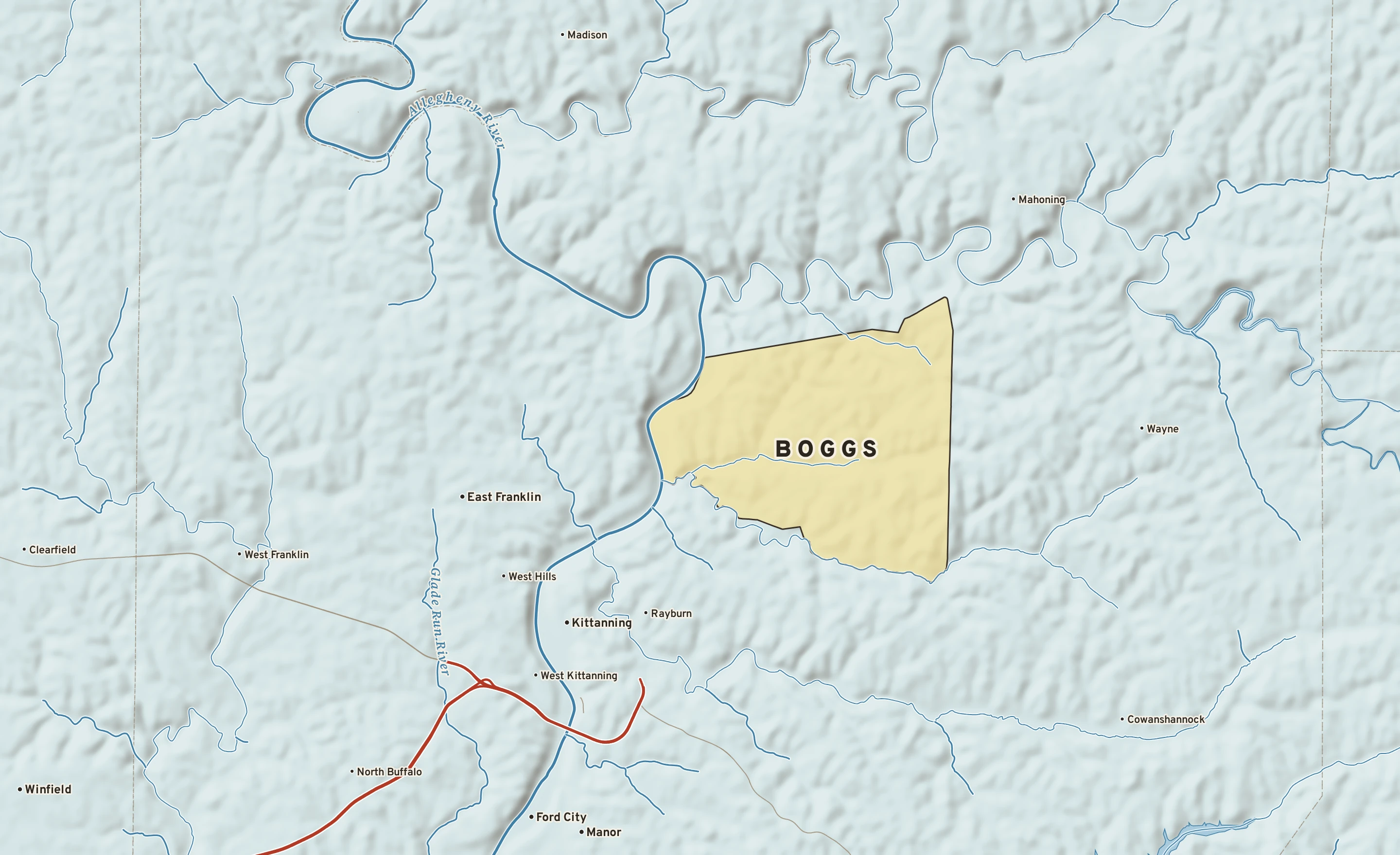 Shaded-relief atlas plate of Boggs, Pennsylvania: rivers, roads, the city limits and where the water drains.