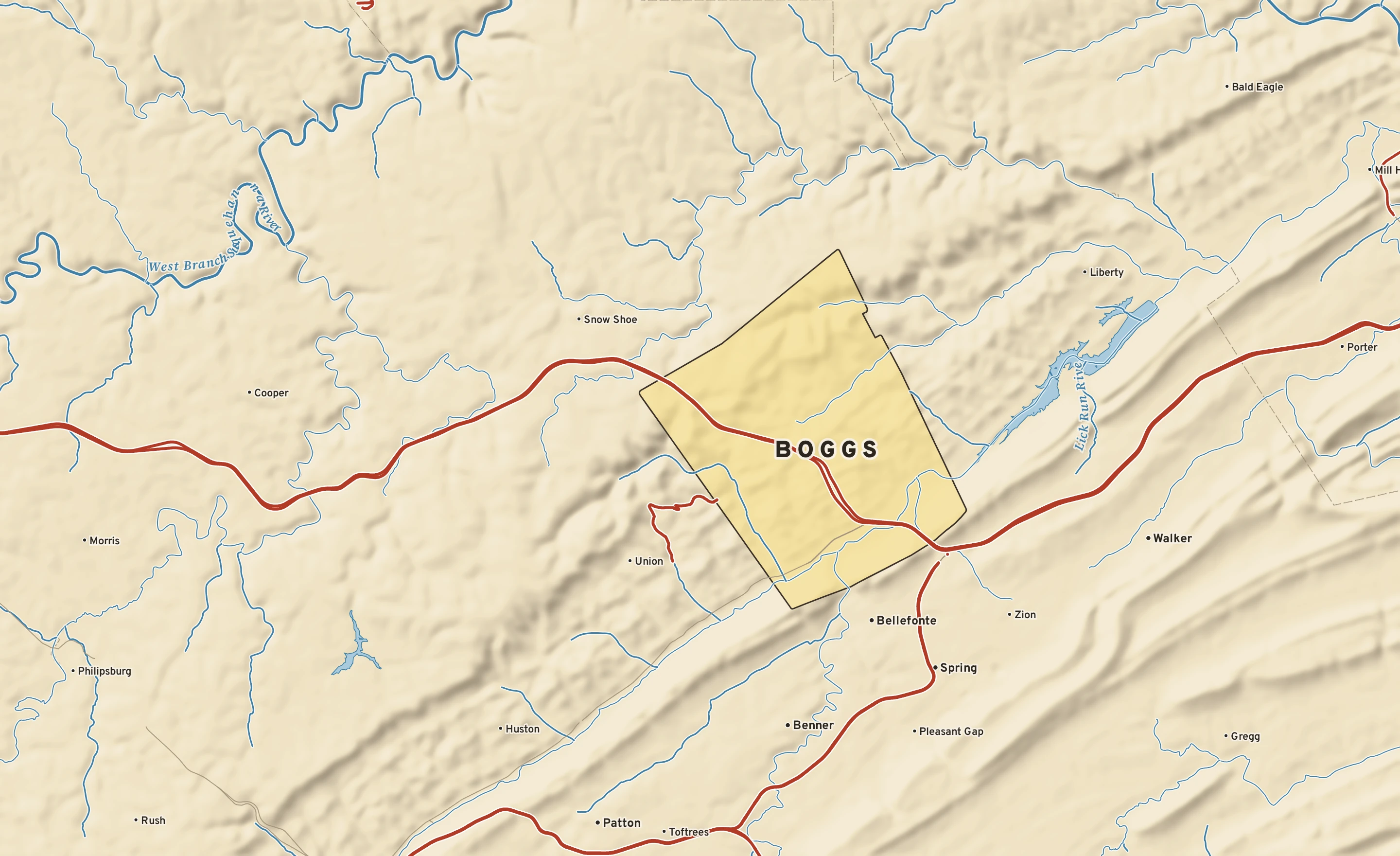 Shaded-relief atlas plate of Boggs, Pennsylvania: rivers, roads, the city limits and where the water drains.
