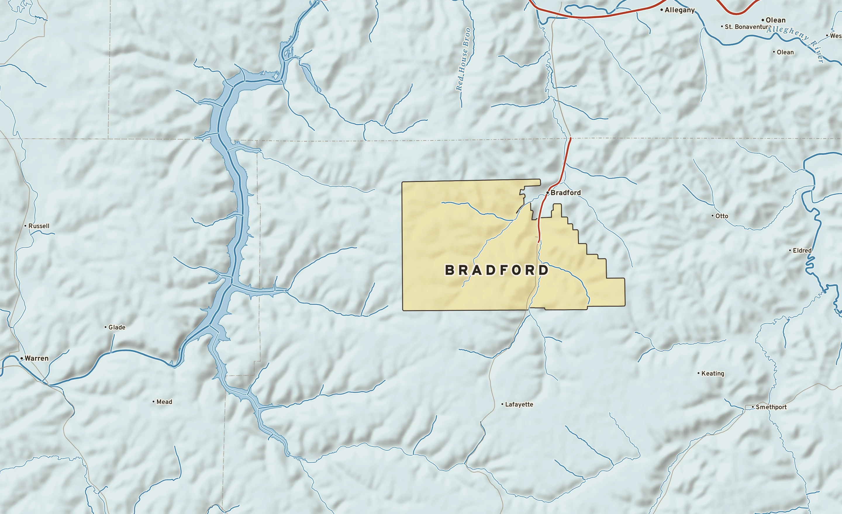 Shaded-relief atlas plate of Bradford, Pennsylvania: rivers, roads, the city limits and where the water drains.