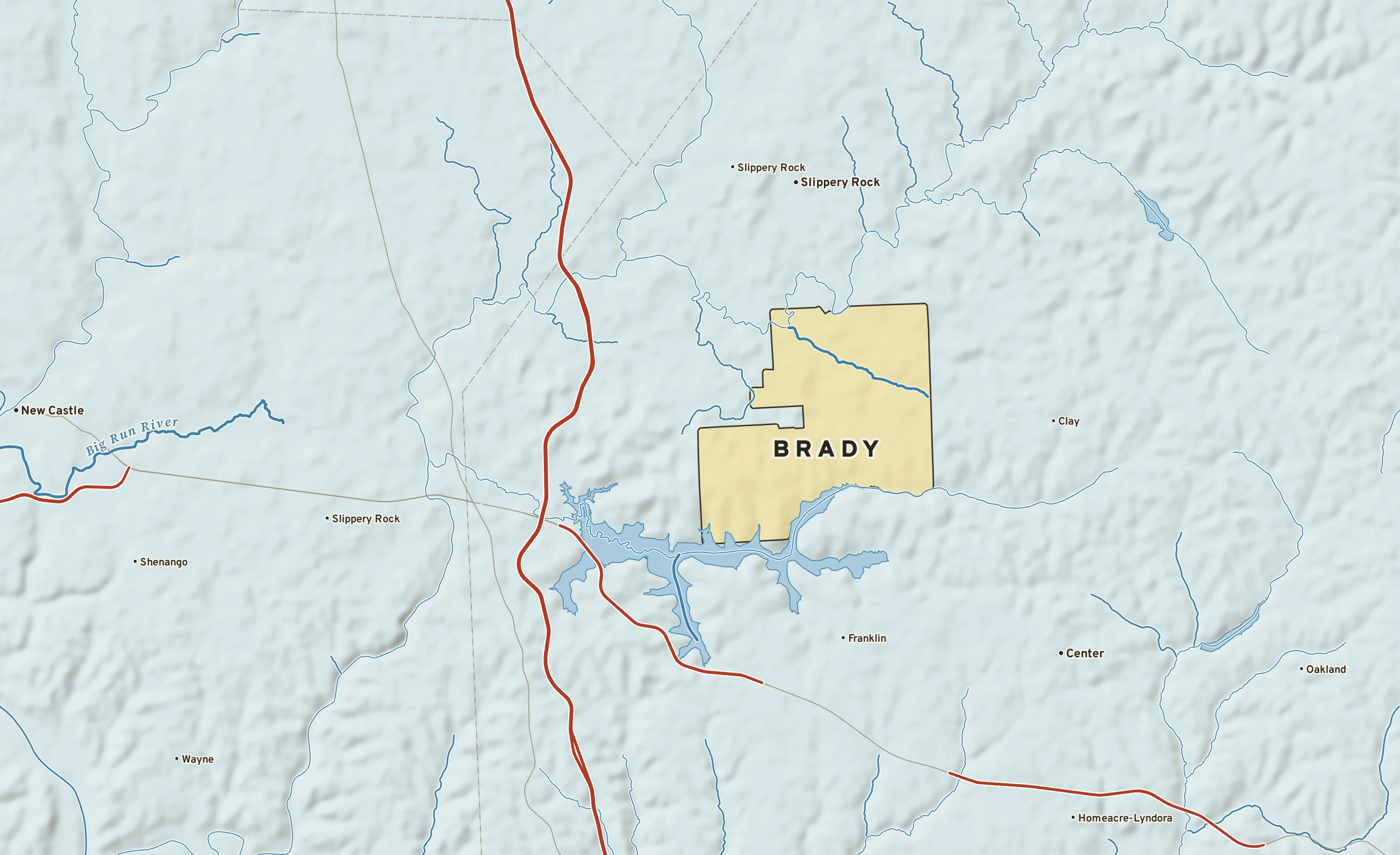 Shaded-relief atlas plate of Brady, Pennsylvania: rivers, roads, the city limits and where the water drains.