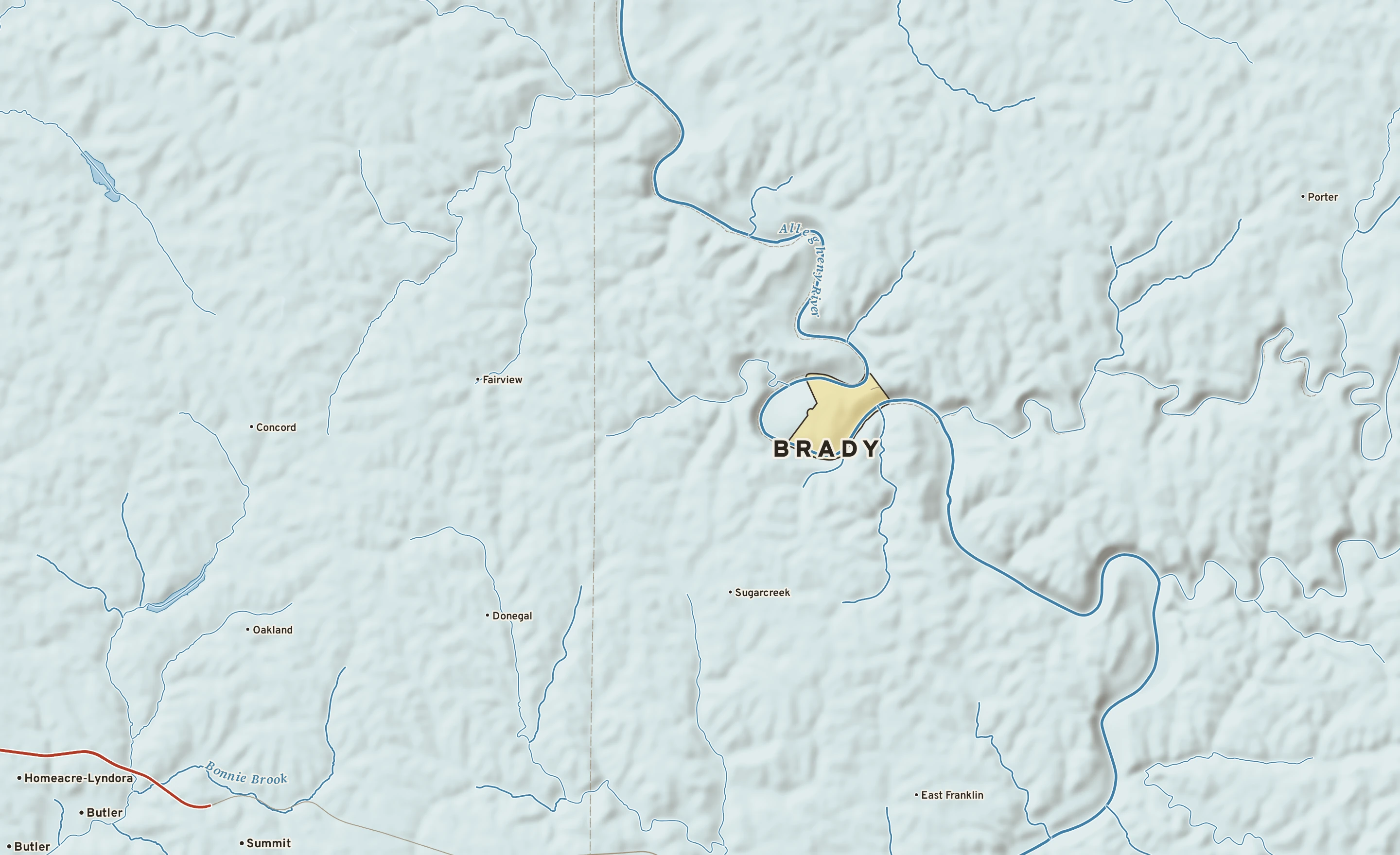 Shaded-relief atlas plate of Brady, Pennsylvania: rivers, roads, the city limits and where the water drains.