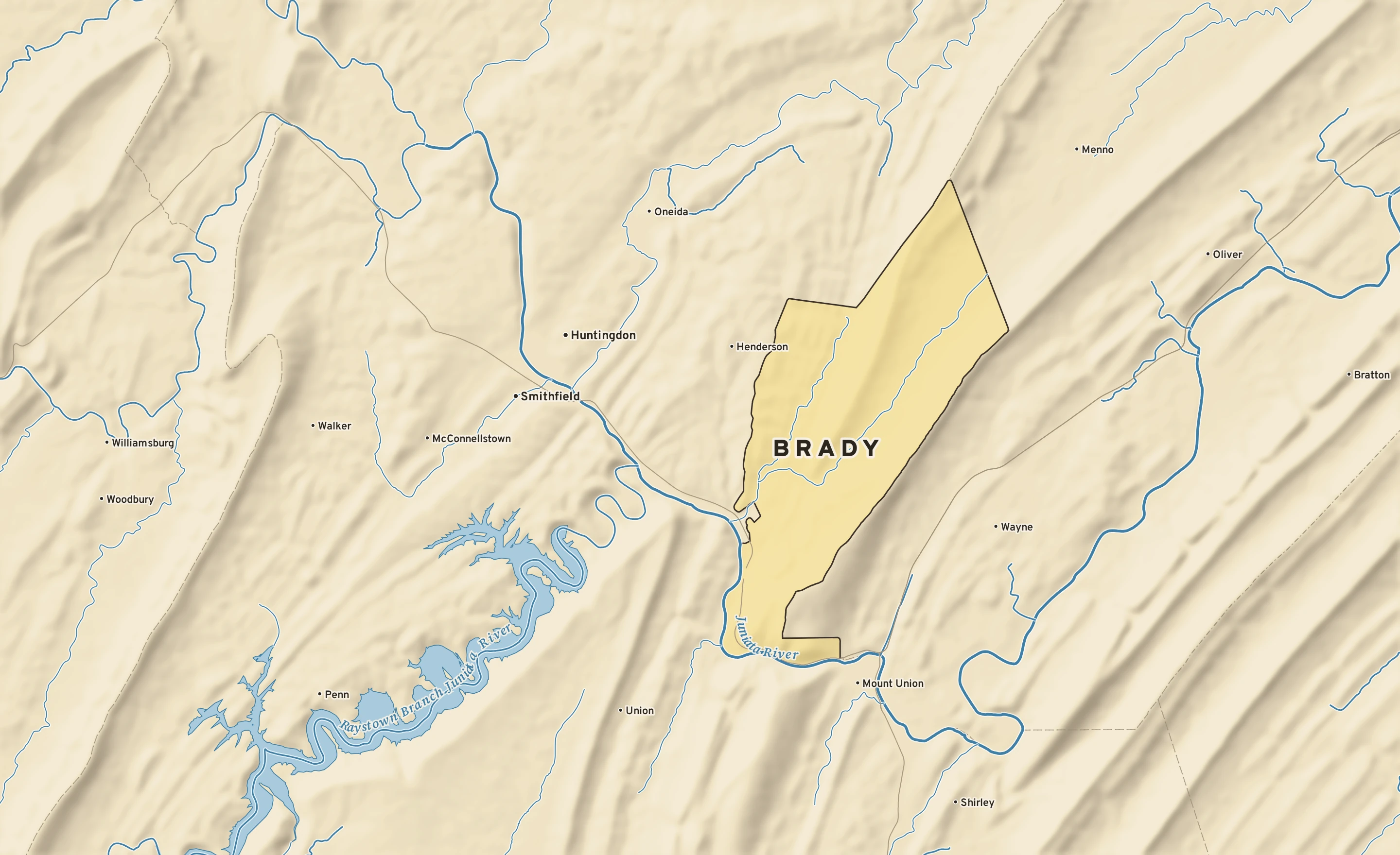 Shaded-relief atlas plate of Brady, Pennsylvania: rivers, roads, the city limits and where the water drains.
