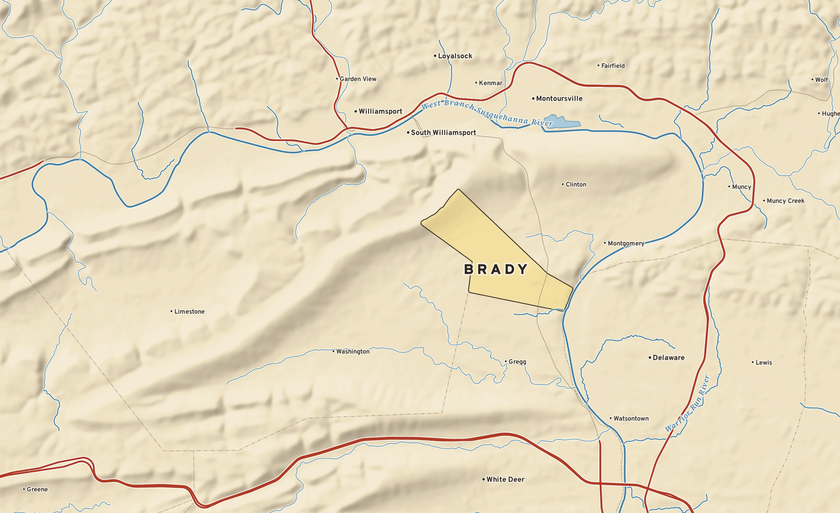 Shaded-relief atlas plate of Brady, Pennsylvania: rivers, roads, the city limits and where the water drains.