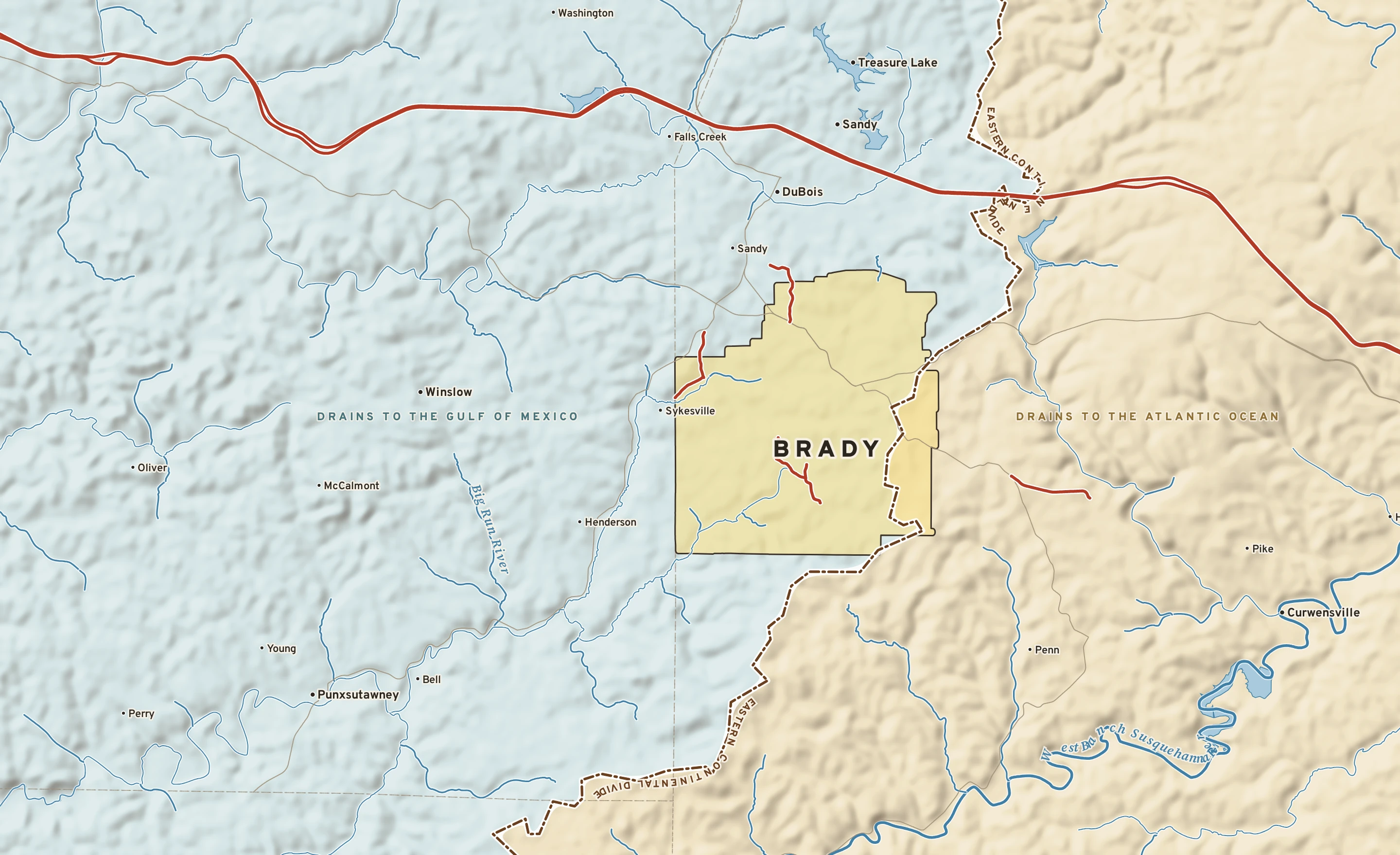 Shaded-relief atlas plate of Brady, Pennsylvania: rivers, roads, the city limits and where the water drains.