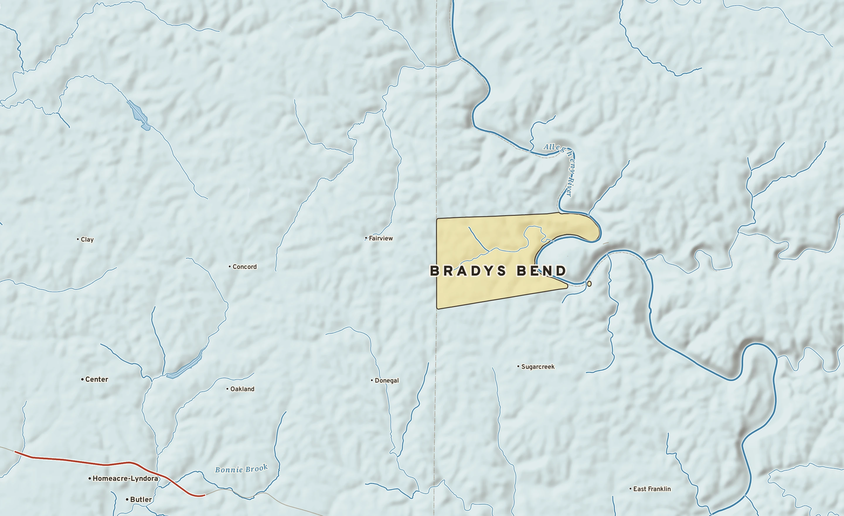 Shaded-relief atlas plate of Bradys Bend, Pennsylvania: rivers, roads, the city limits and where the water drains.