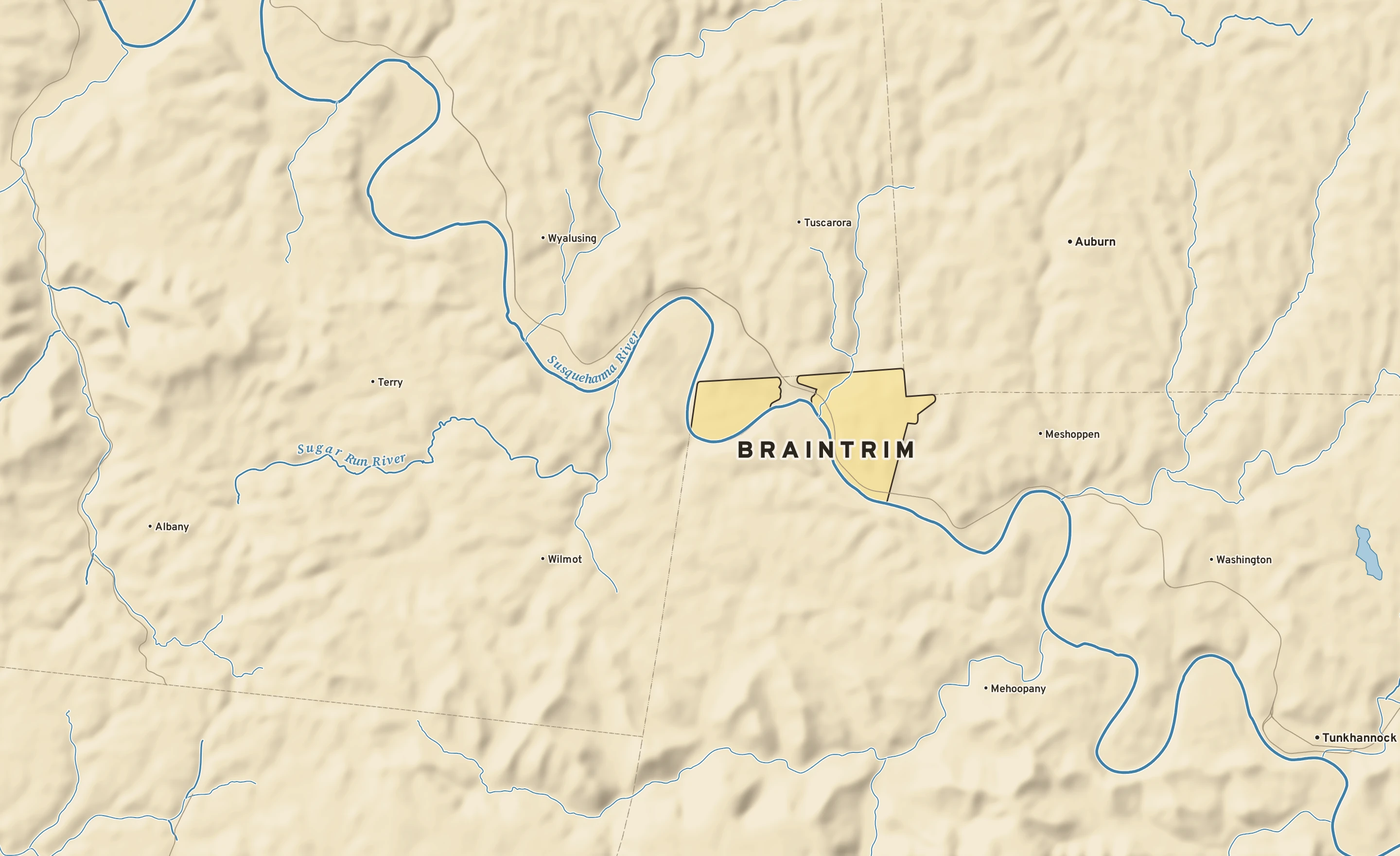 Shaded-relief atlas plate of Braintrim, Pennsylvania: rivers, roads, the city limits and where the water drains.