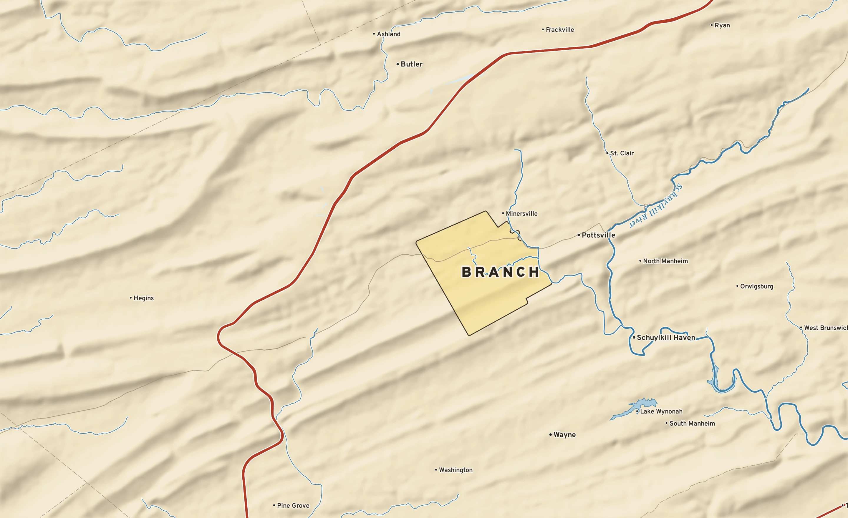 Shaded-relief atlas plate of Branch, Pennsylvania: rivers, roads, the city limits and where the water drains.
