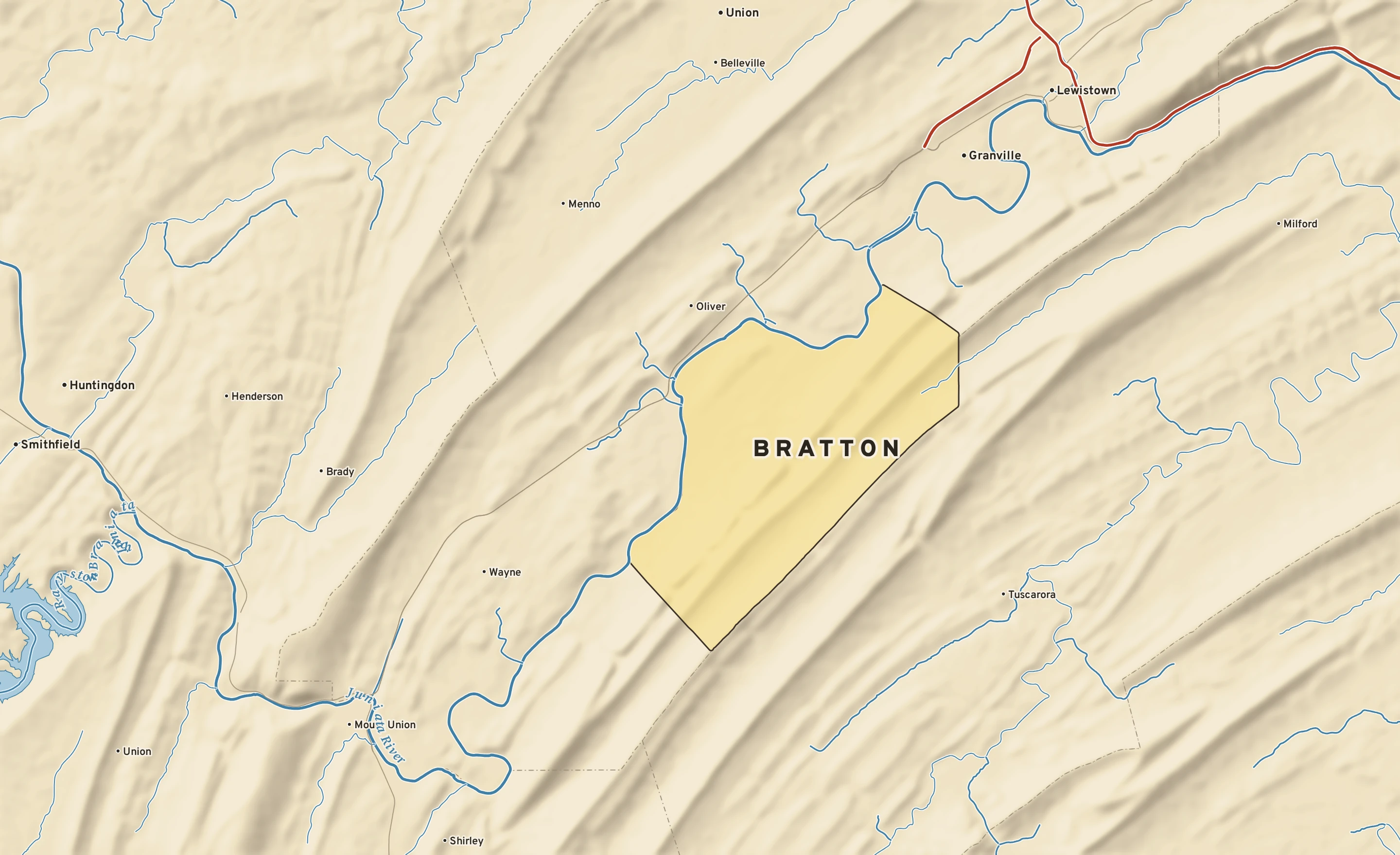 Shaded-relief atlas plate of Bratton, Pennsylvania: rivers, roads, the city limits and where the water drains.