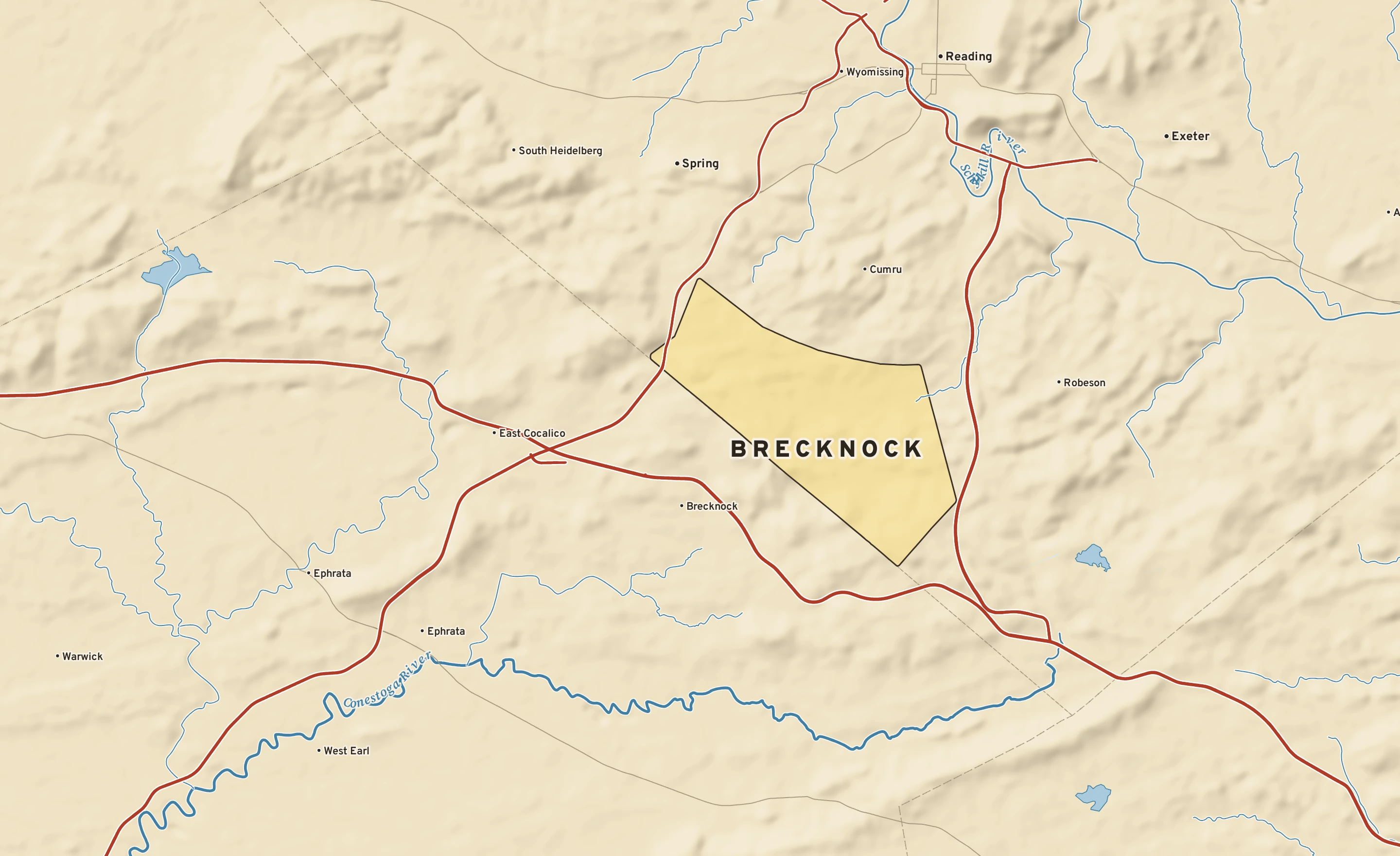 Shaded-relief atlas plate of Brecknock, Pennsylvania: rivers, roads, the city limits and where the water drains.