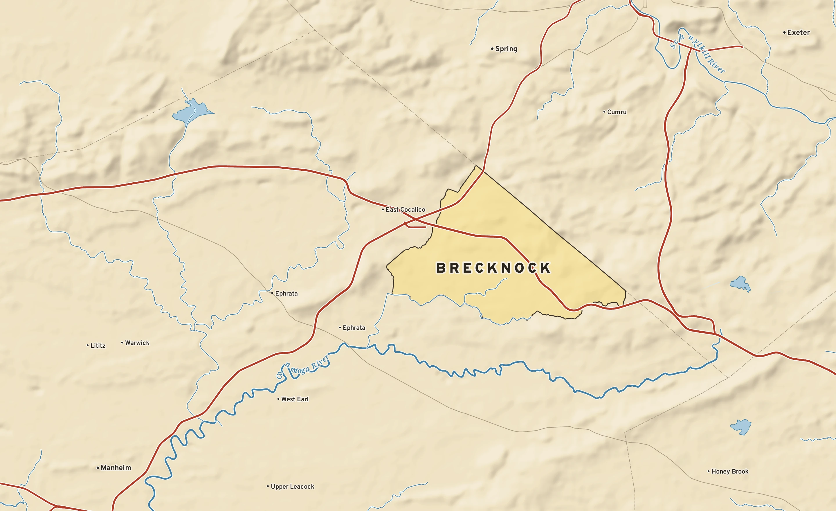 Shaded-relief atlas plate of Brecknock, Pennsylvania: rivers, roads, the city limits and where the water drains.