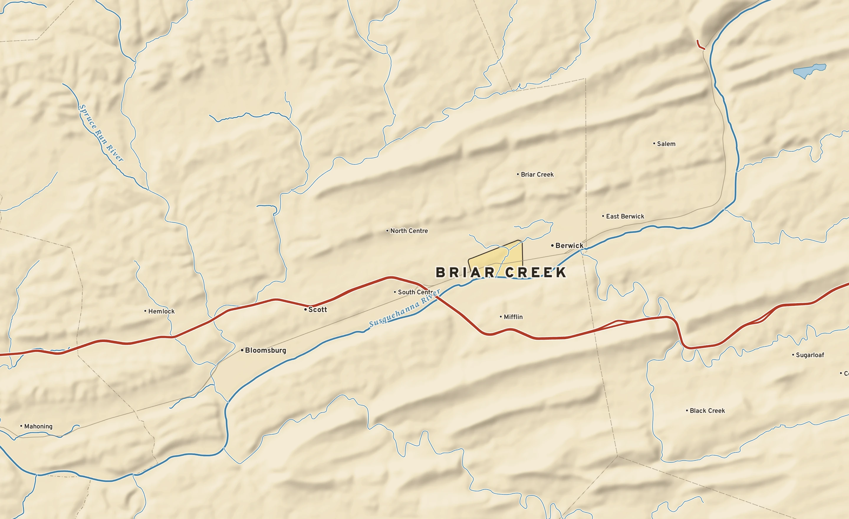 Shaded-relief atlas plate of Briar Creek, Pennsylvania: rivers, roads, the city limits and where the water drains.