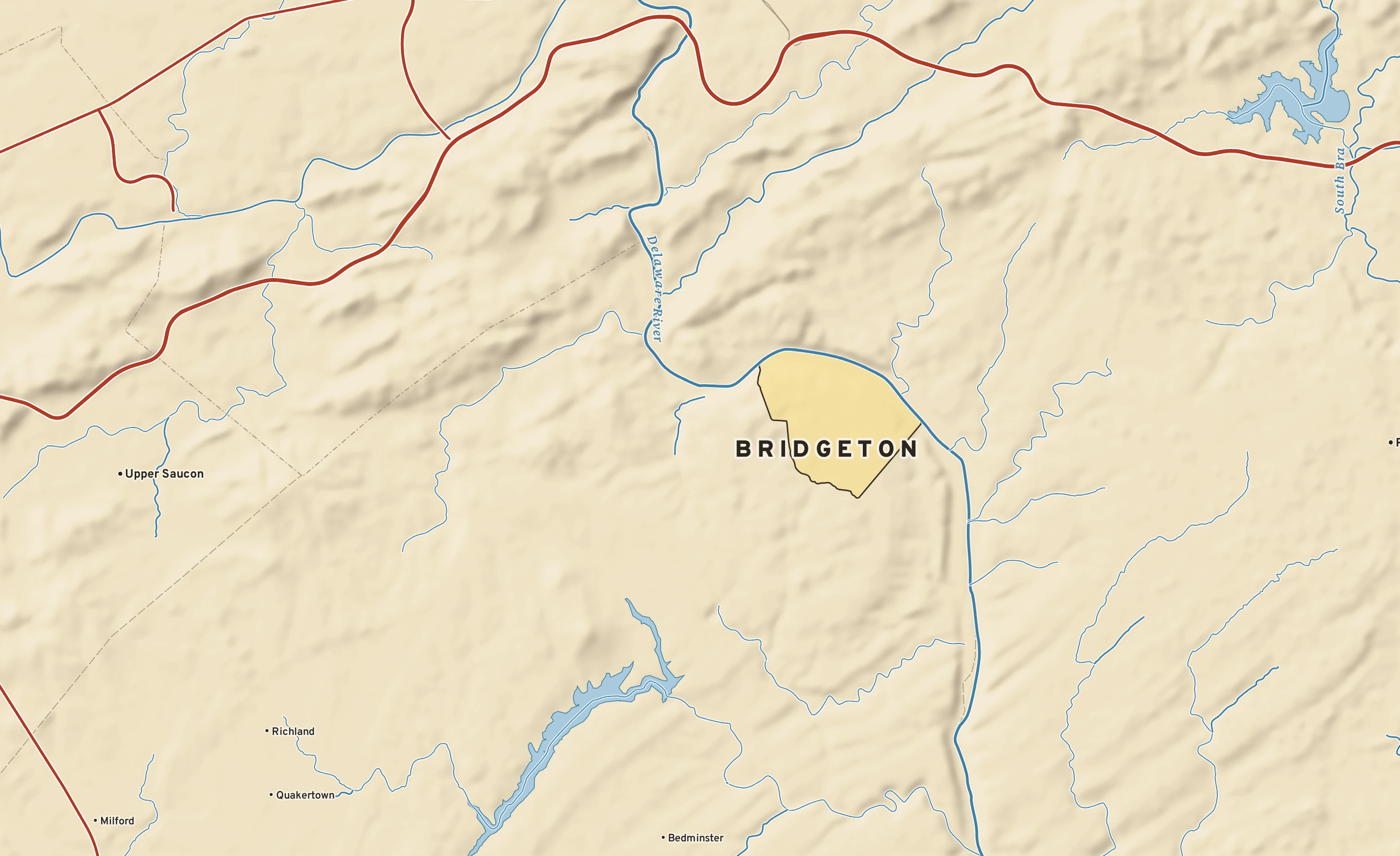 Shaded-relief atlas plate of Bridgeton, Pennsylvania: rivers, roads, the city limits and where the water drains.