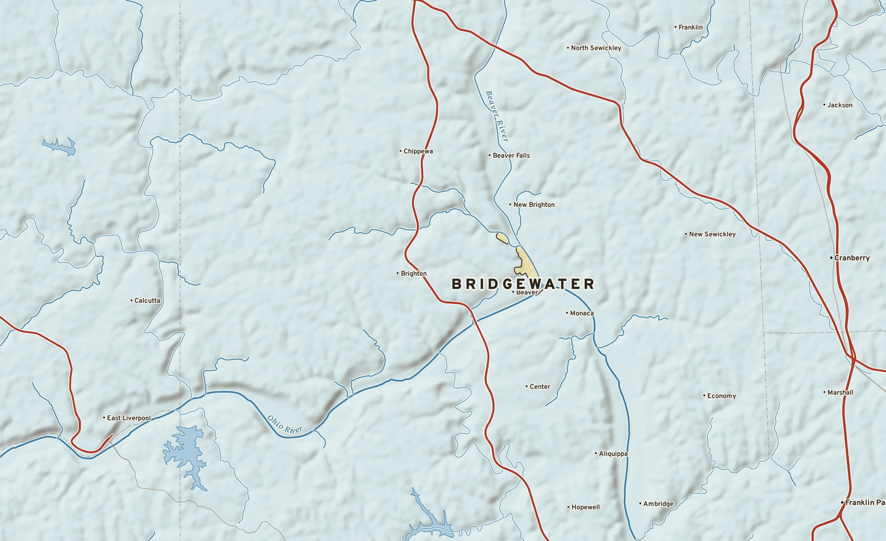 Shaded-relief atlas plate of Bridgewater, Pennsylvania: rivers, roads, the city limits and where the water drains.