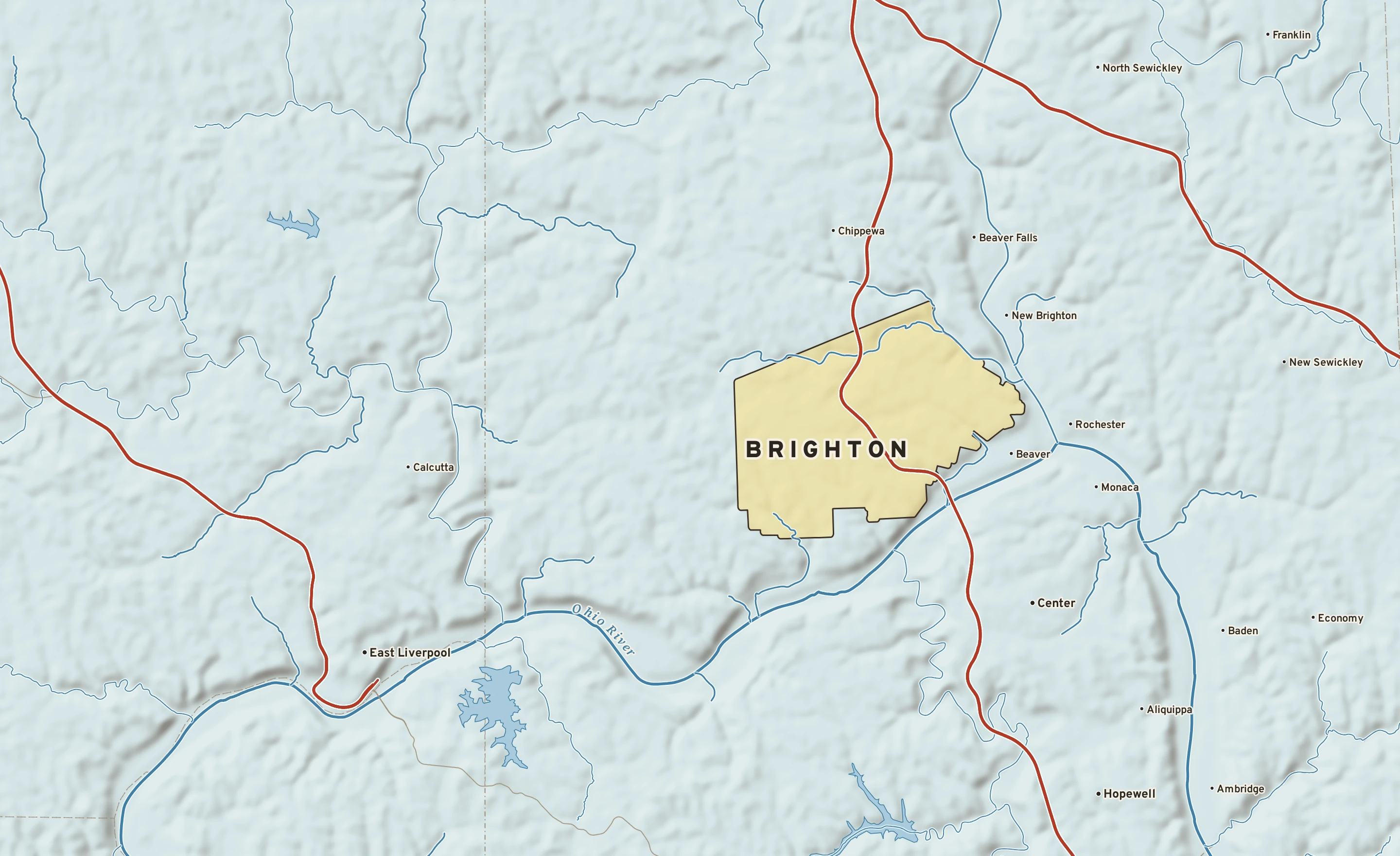 Shaded-relief atlas plate of Brighton, Pennsylvania: rivers, roads, the city limits and where the water drains.