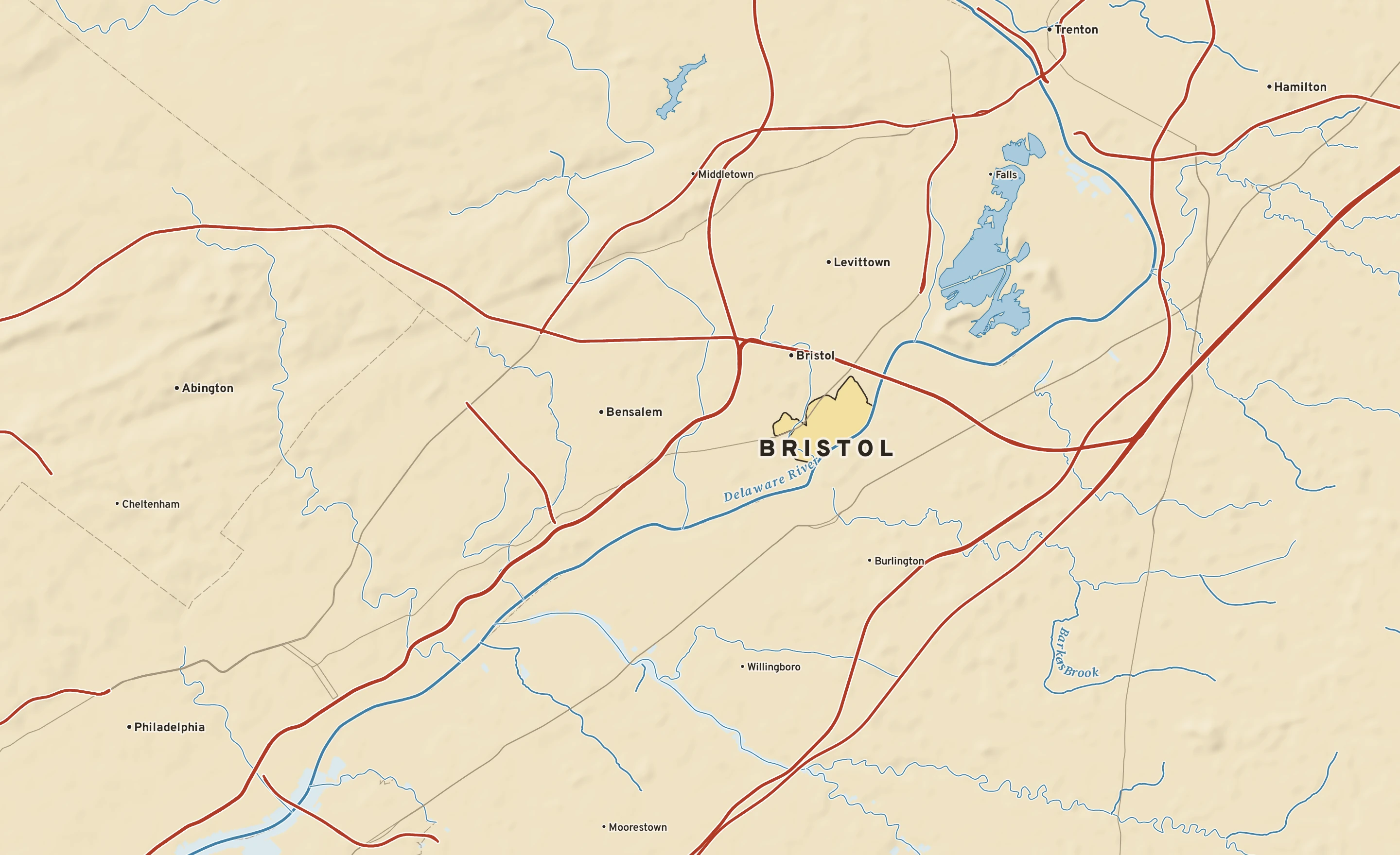 Shaded-relief atlas plate of Bristol, Pennsylvania: rivers, roads, the city limits and where the water drains.