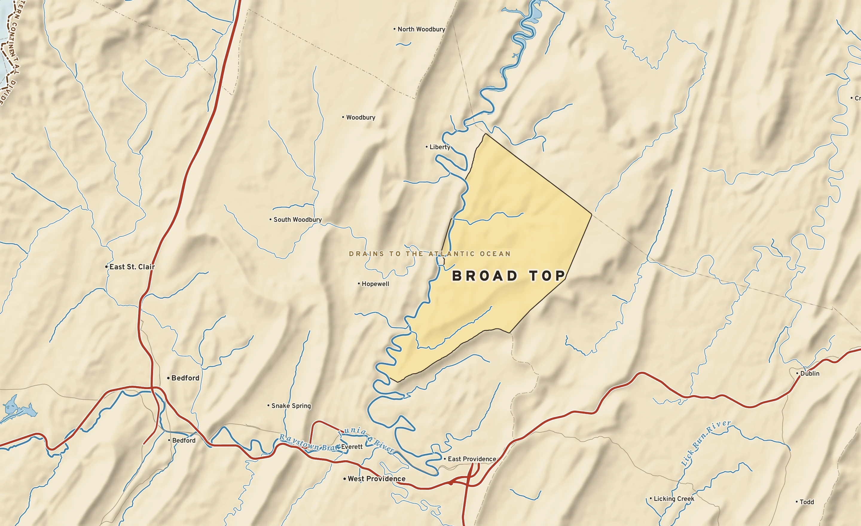 Shaded-relief atlas plate of Broad Top, Pennsylvania: rivers, roads, the city limits and where the water drains.