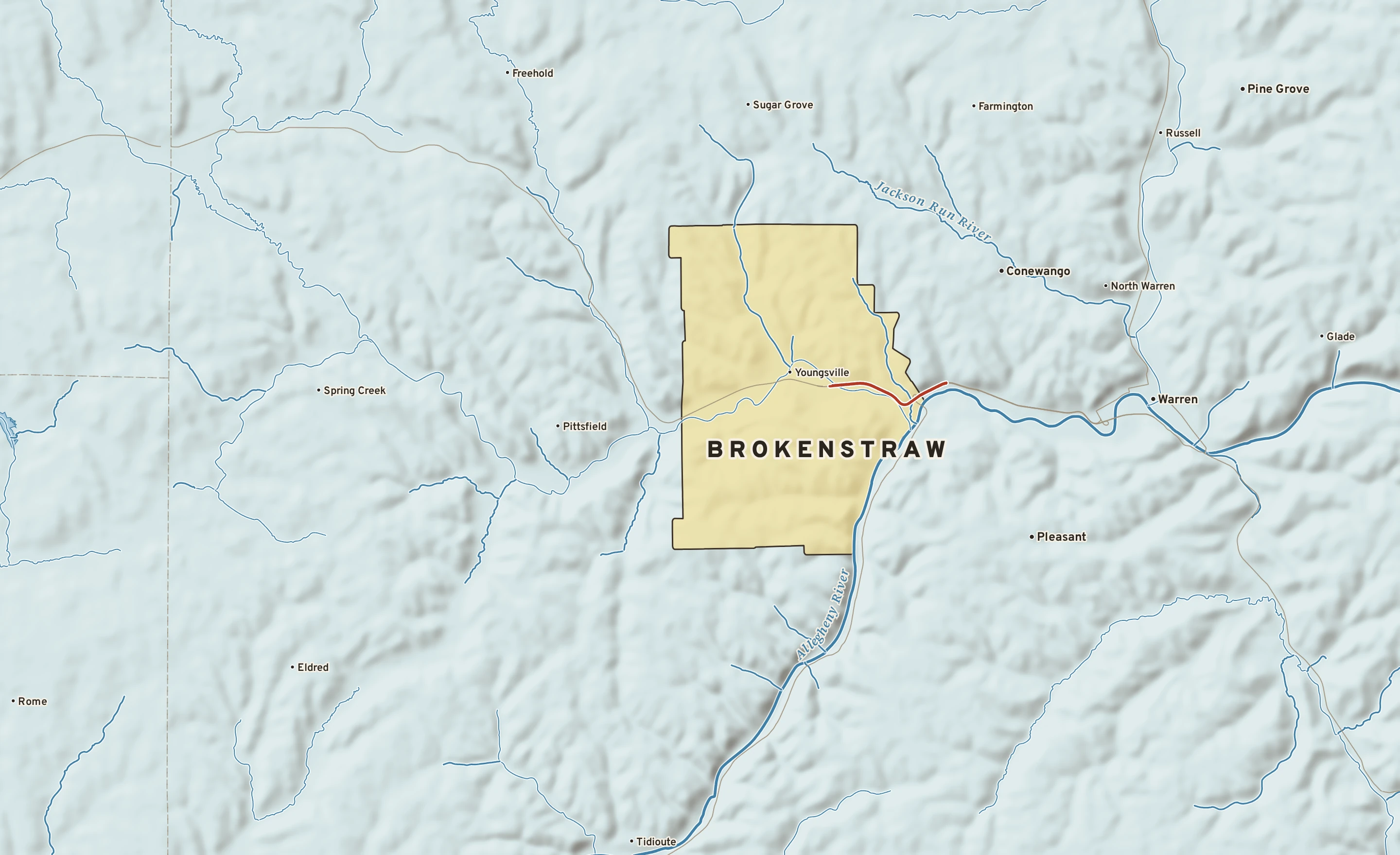 Shaded-relief atlas plate of Brokenstraw, Pennsylvania: rivers, roads, the city limits and where the water drains.