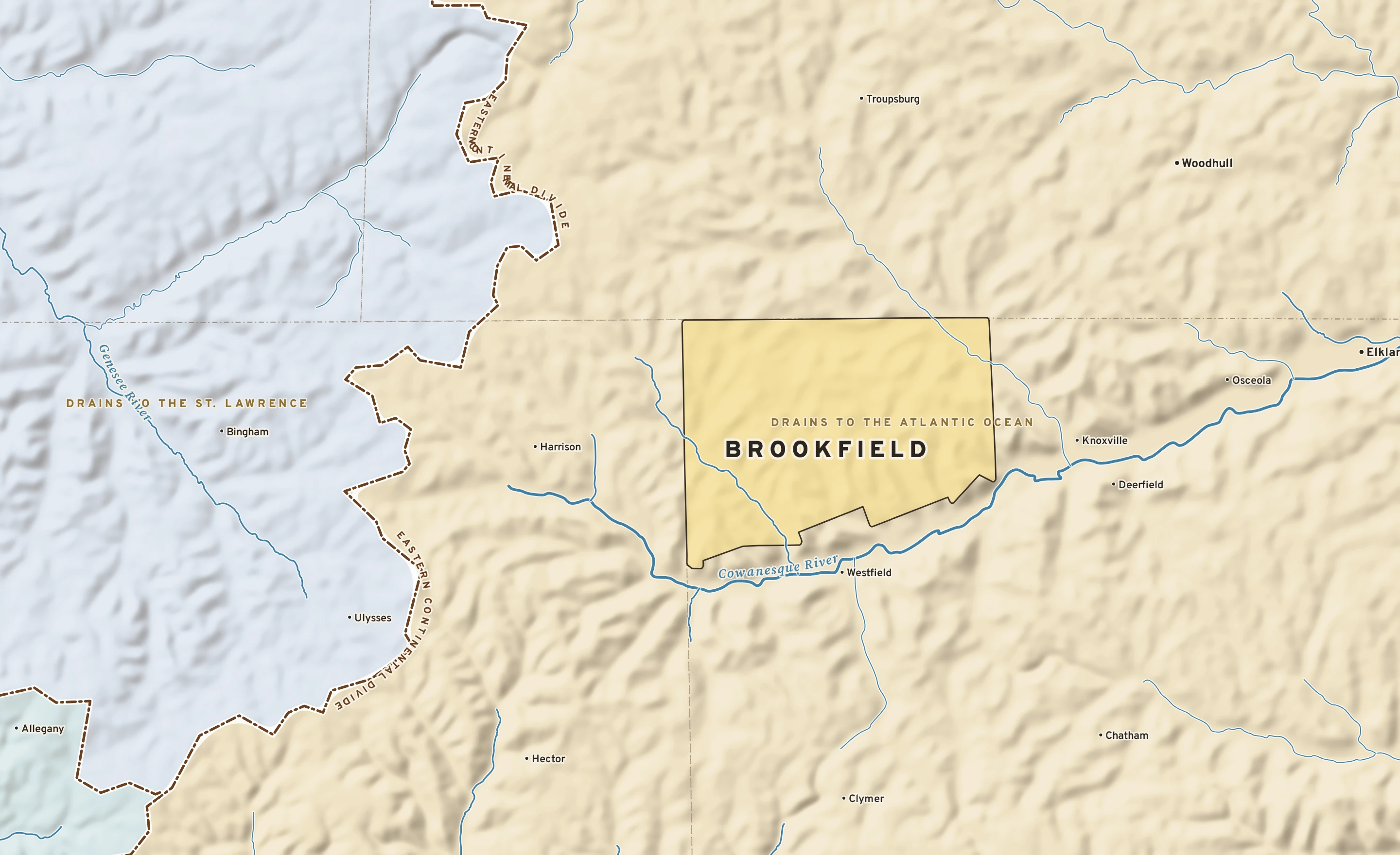 Shaded-relief atlas plate of Brookfield, Pennsylvania: rivers, roads, the city limits and where the water drains.