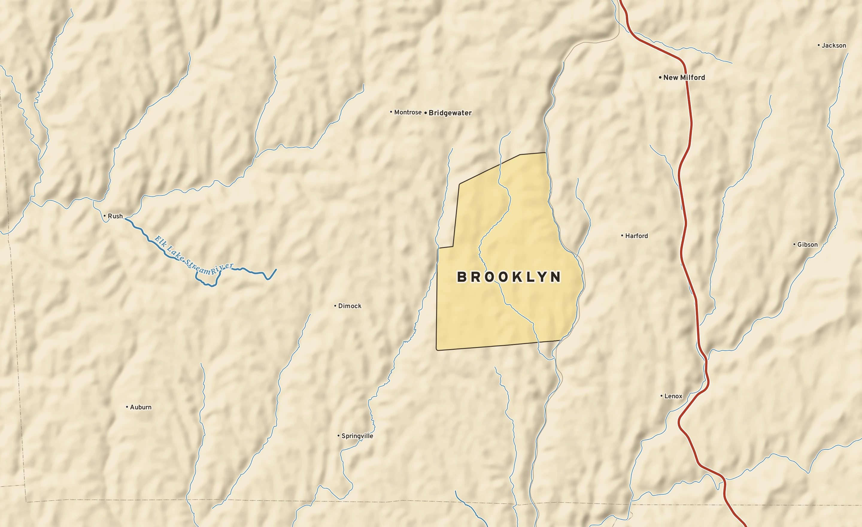 Shaded-relief atlas plate of Brooklyn, Pennsylvania: rivers, roads, the city limits and where the water drains.