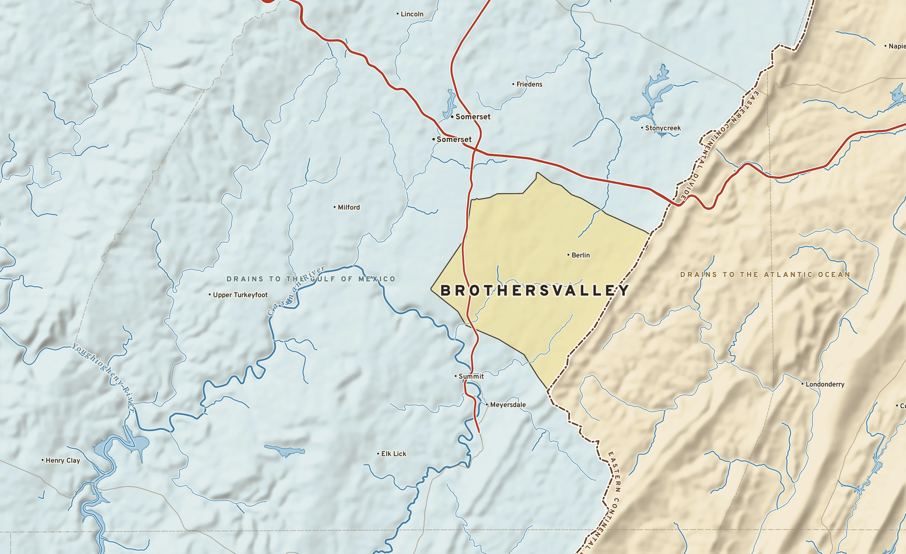Shaded-relief atlas plate of Brothersvalley, Pennsylvania: rivers, roads, the city limits and where the water drains.