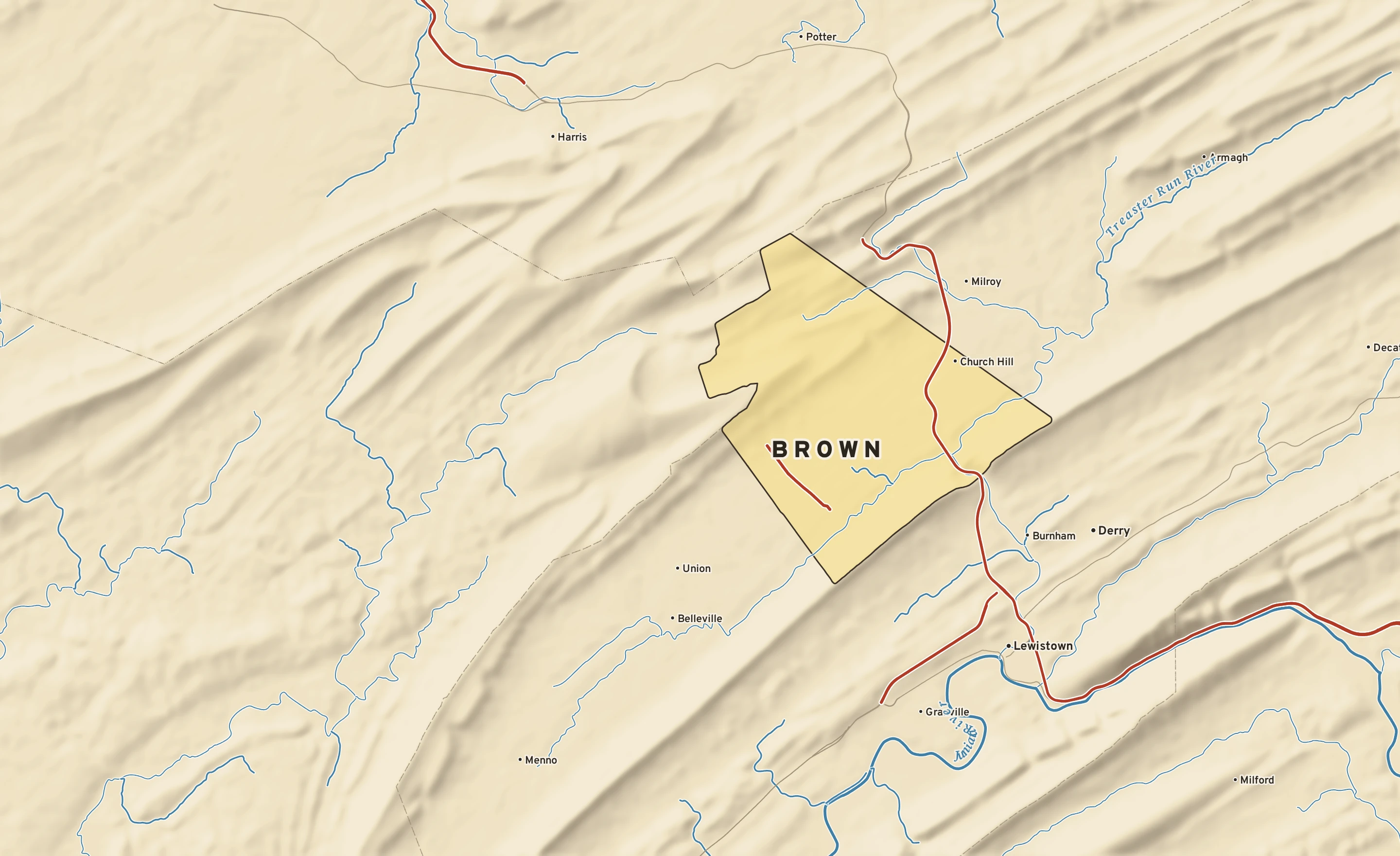 Shaded-relief atlas plate of Brown, Pennsylvania: rivers, roads, the city limits and where the water drains.