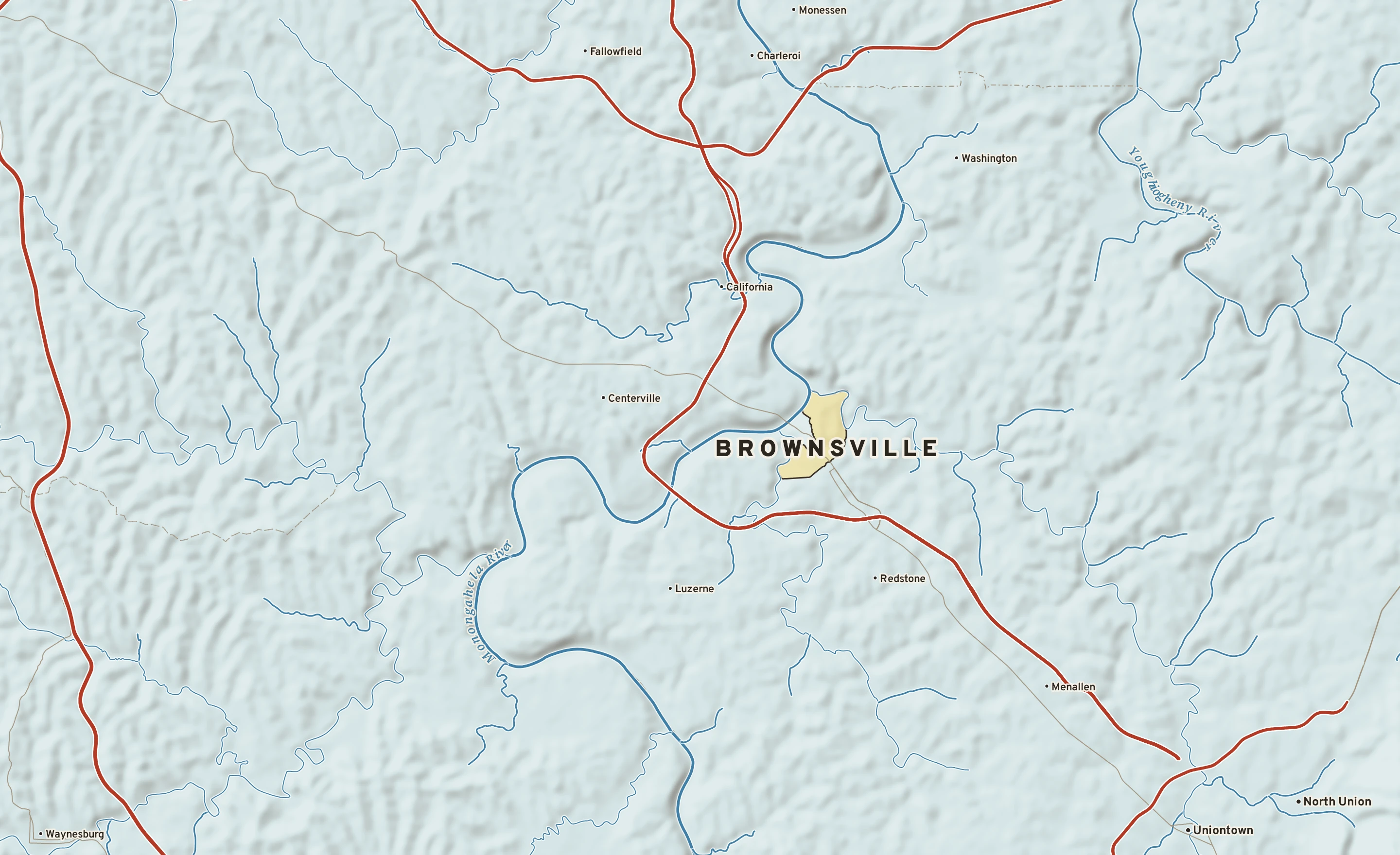 Shaded-relief atlas plate of Brownsville, Pennsylvania: rivers, roads, the city limits and where the water drains.