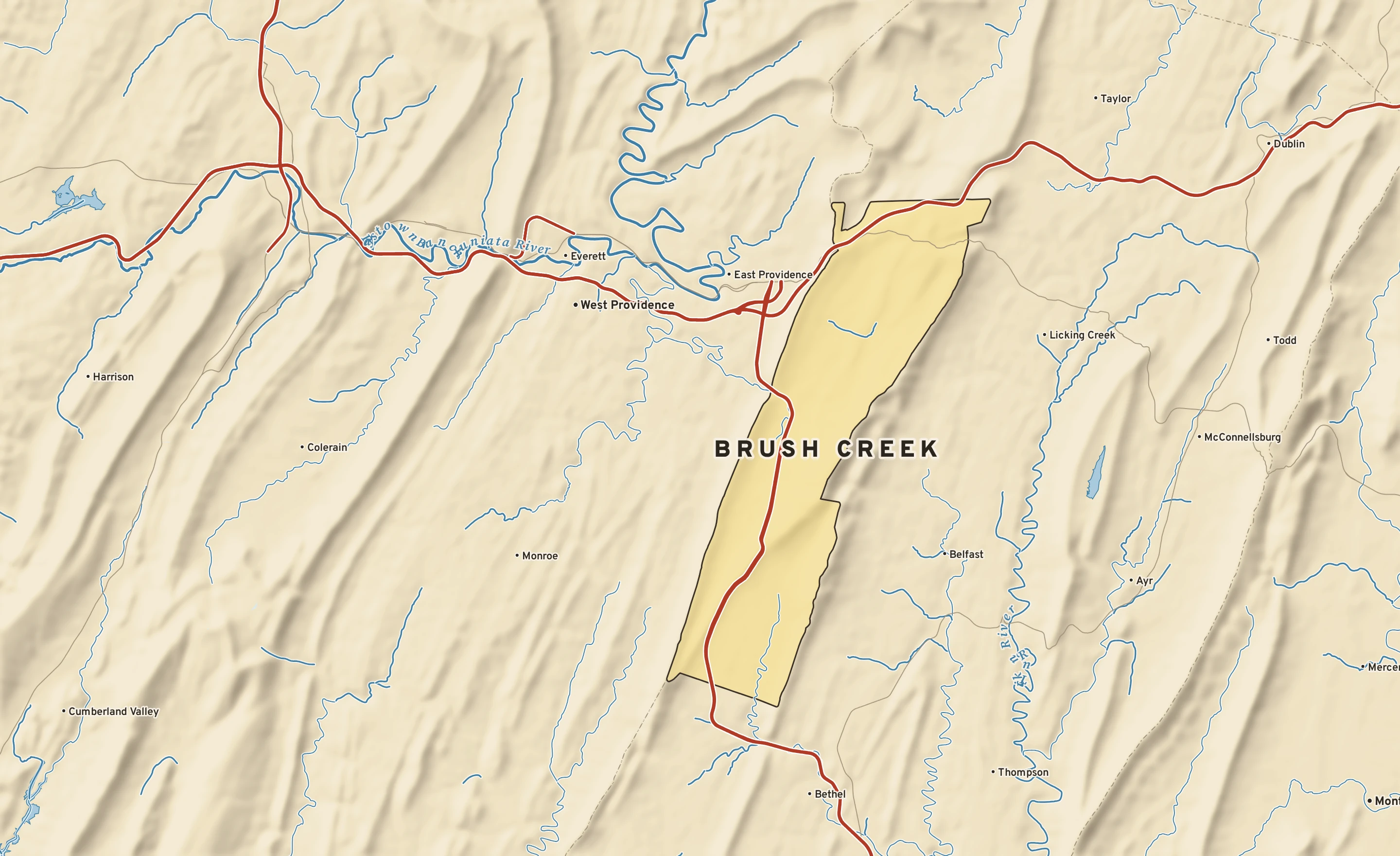 Shaded-relief atlas plate of Brush Creek, Pennsylvania: rivers, roads, the city limits and where the water drains.