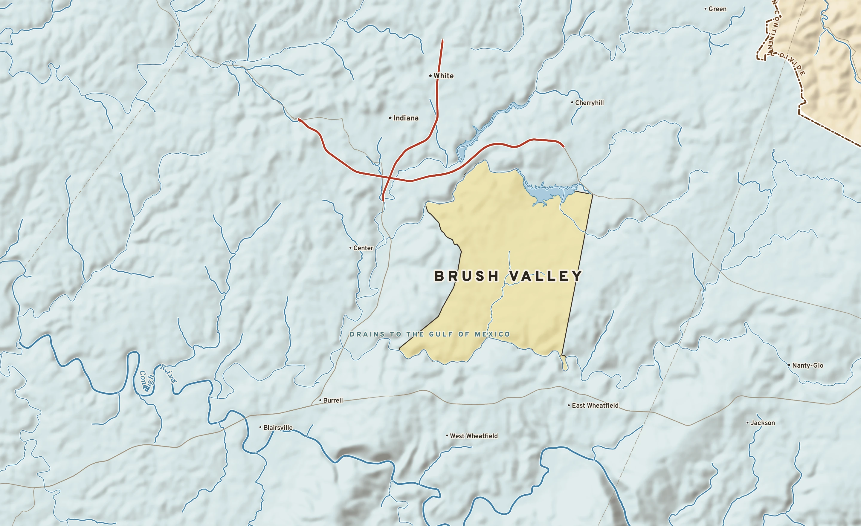 Shaded-relief atlas plate of Brush Valley, Pennsylvania: rivers, roads, the city limits and where the water drains.