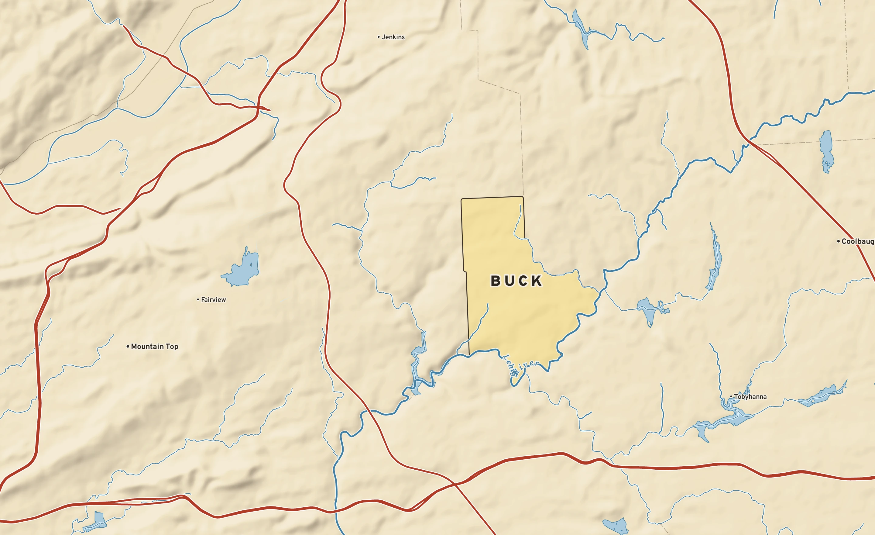 Shaded-relief atlas plate of Buck, Pennsylvania: rivers, roads, the city limits and where the water drains.
