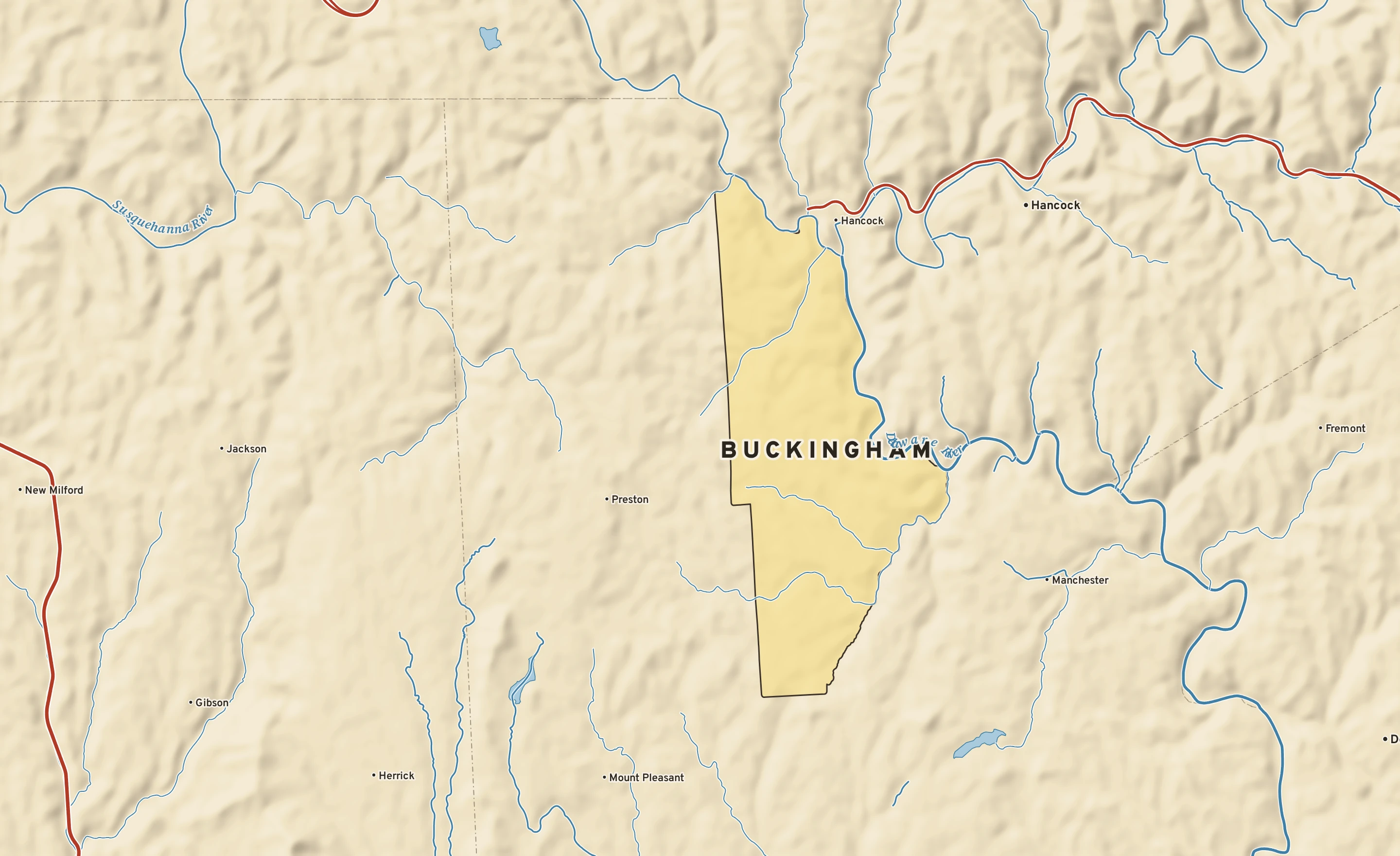 Shaded-relief atlas plate of Buckingham, Pennsylvania: rivers, roads, the city limits and where the water drains.
