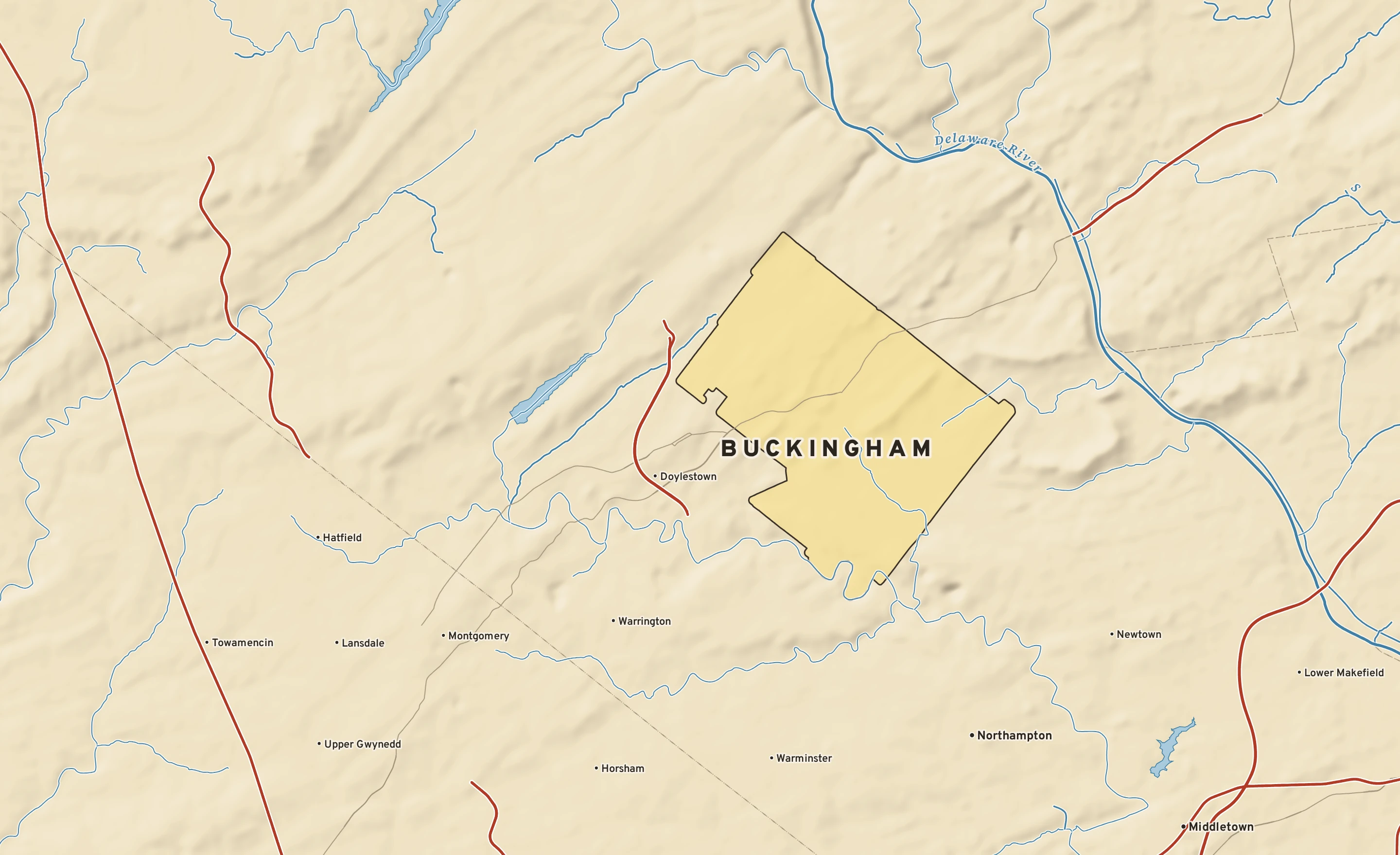 Shaded-relief atlas plate of Buckingham, Pennsylvania: rivers, roads, the city limits and where the water drains.