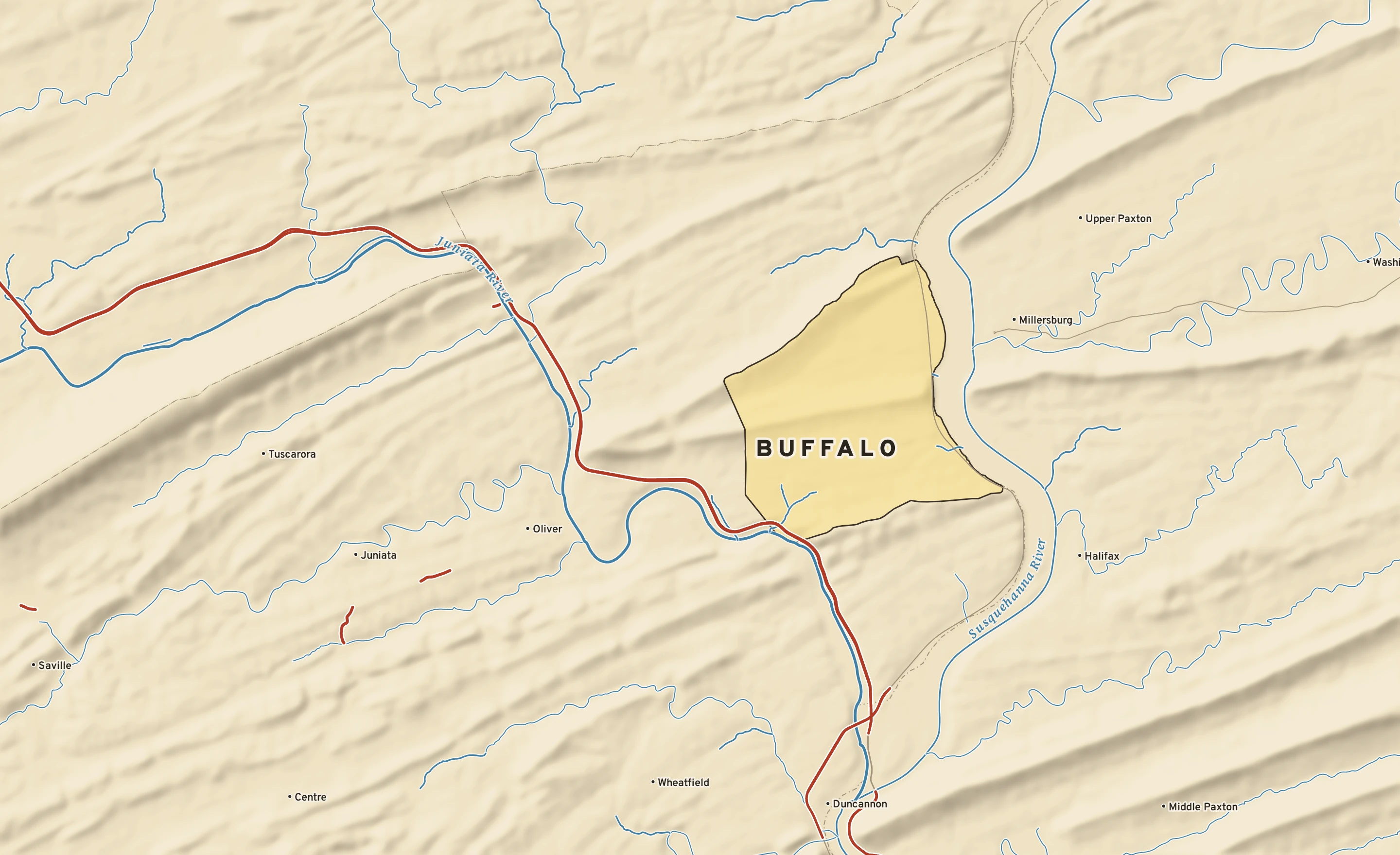 Shaded-relief atlas plate of Buffalo, Pennsylvania: rivers, roads, the city limits and where the water drains.