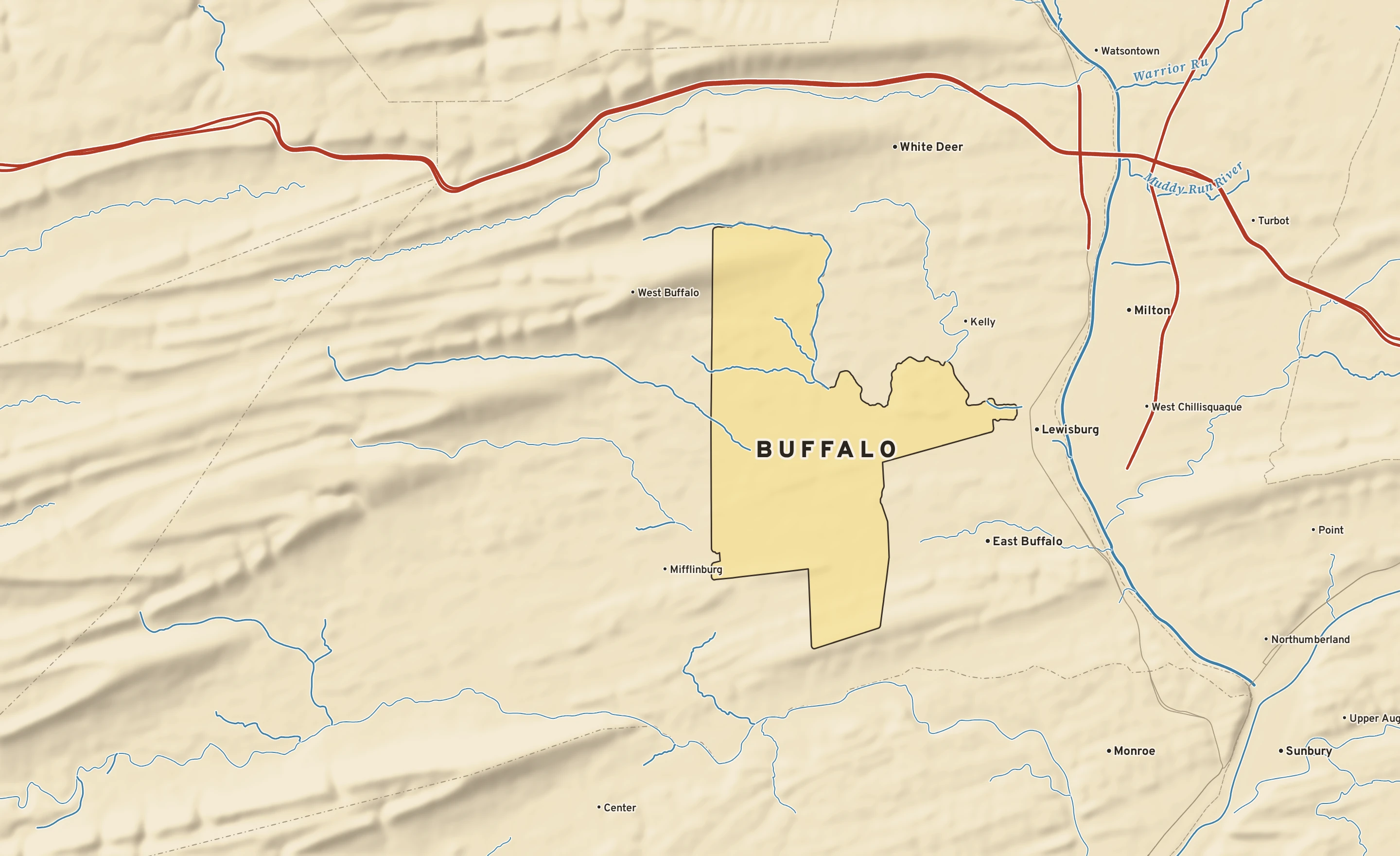 Shaded-relief atlas plate of Buffalo, Pennsylvania: rivers, roads, the city limits and where the water drains.