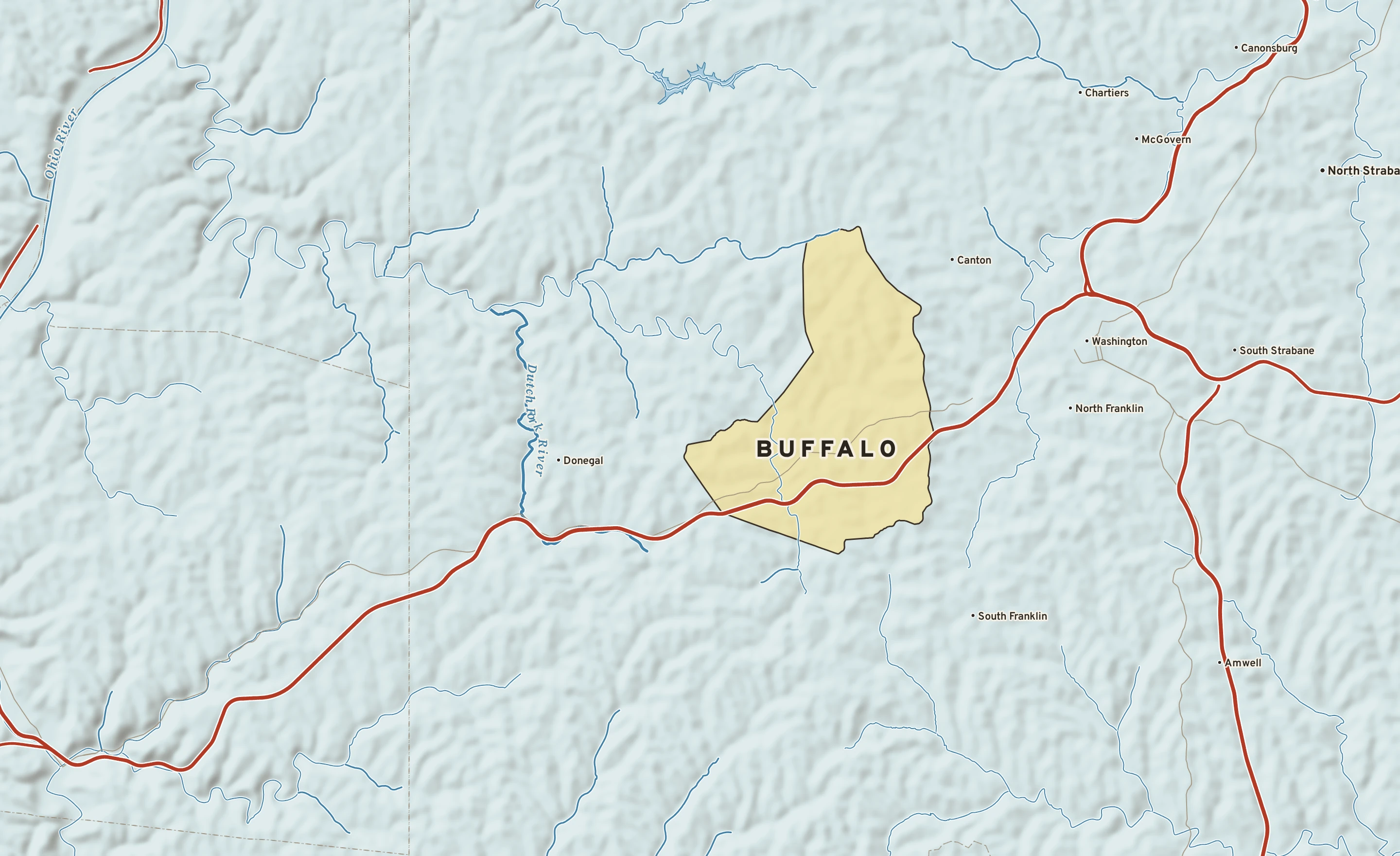 Shaded-relief atlas plate of Buffalo, Pennsylvania: rivers, roads, the city limits and where the water drains.