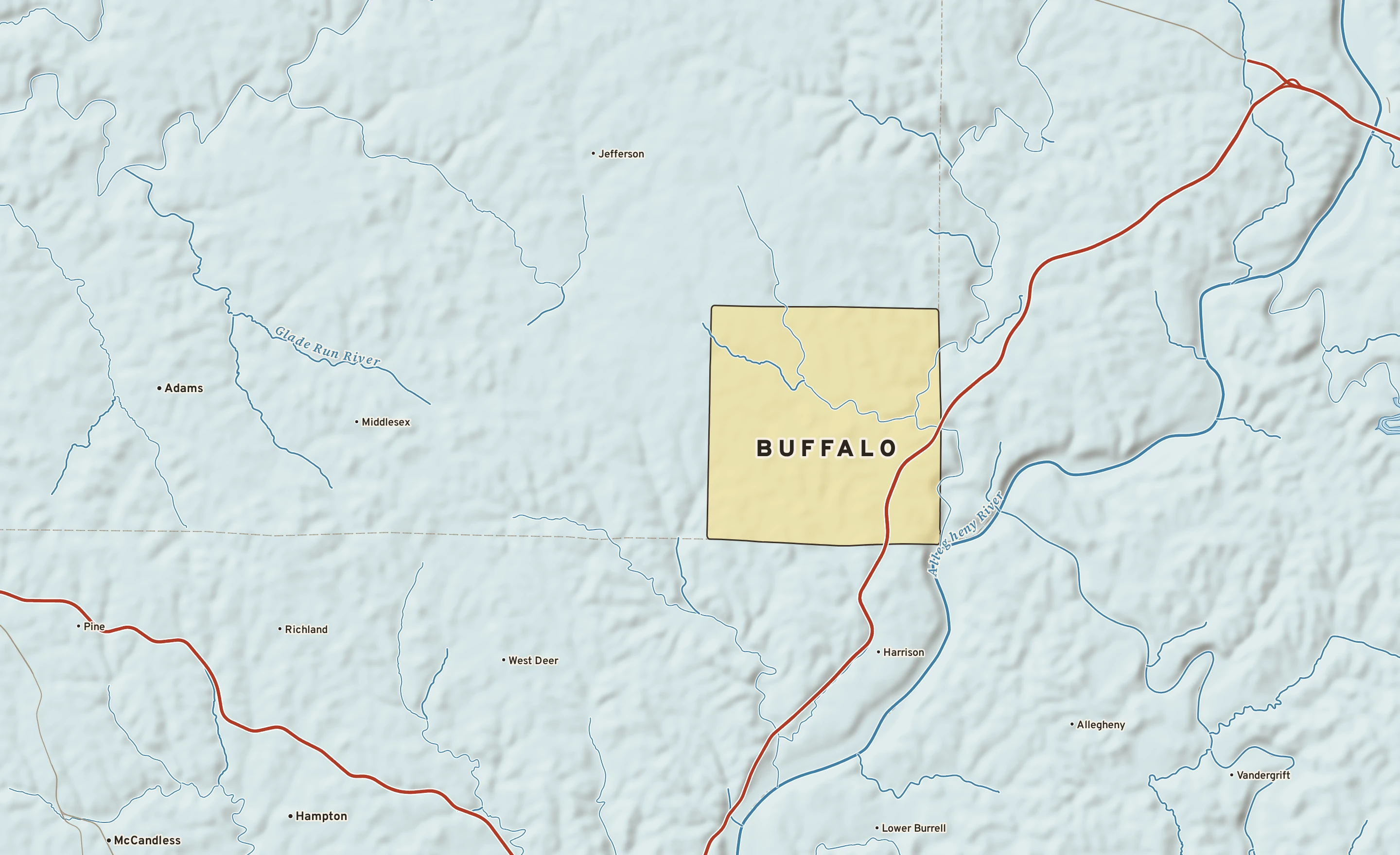 Shaded-relief atlas plate of Buffalo, Pennsylvania: rivers, roads, the city limits and where the water drains.